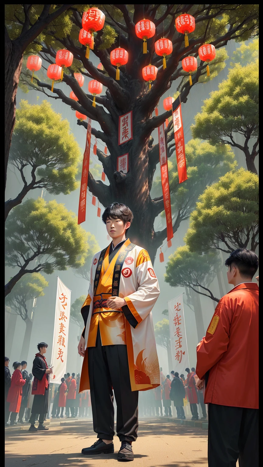 A poster，It shows a man standing in front of a tree, Chiba Yudai, Golden Chinese text, lu ji, Ghost Festival, Wang Chen, Chinese Ghost Festival, screenshot, 🚀🌈🤩, 🚀🚀🚀, screenshot