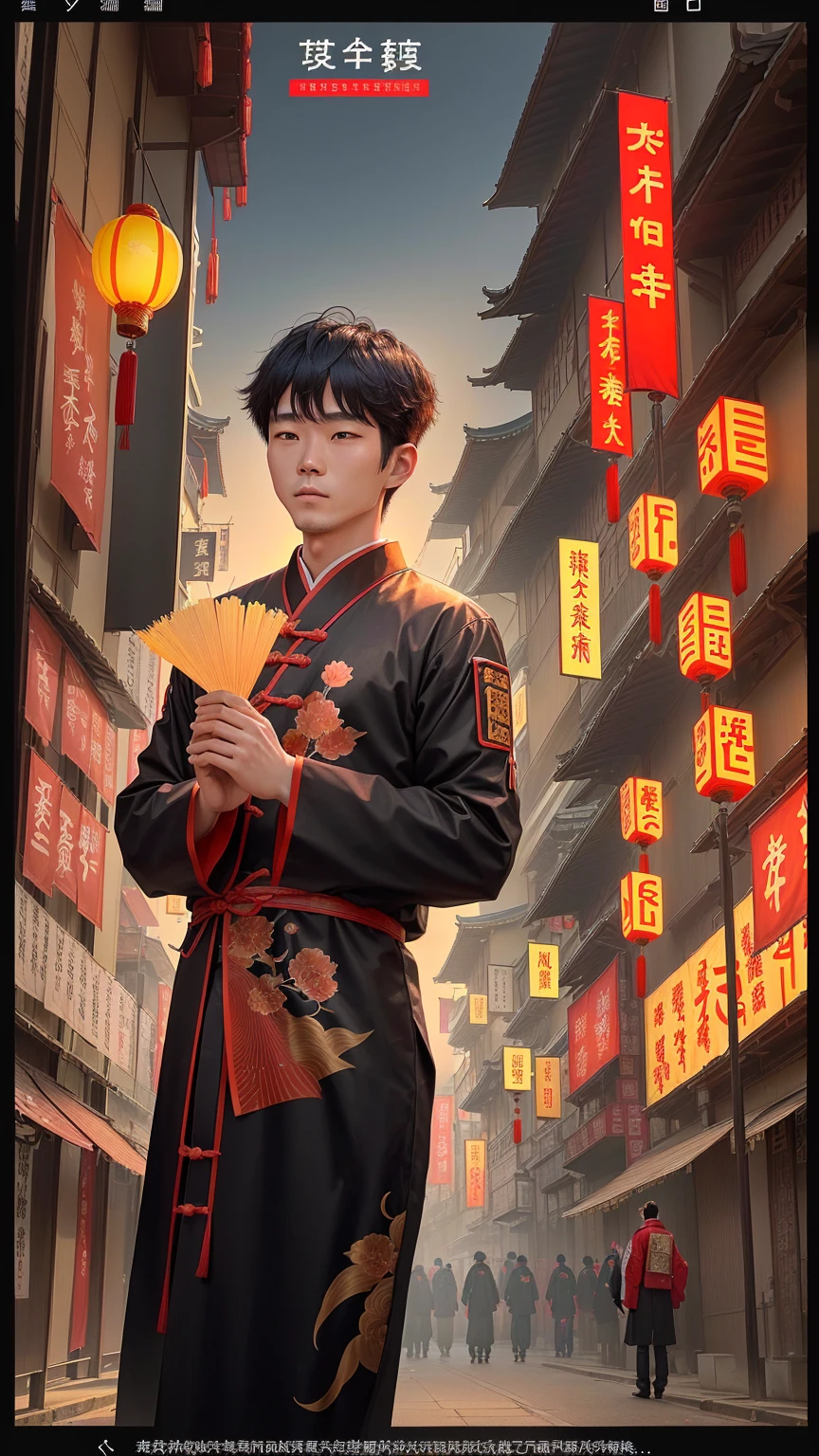 A poster，It shows a man standing in front of a tree, Chiba Yudai, Golden Chinese text, lu ji, Ghost Festival, Wang Chen, Chinese Ghost Festival, screenshot, 🚀🌈🤩, 🚀🚀🚀, screenshot