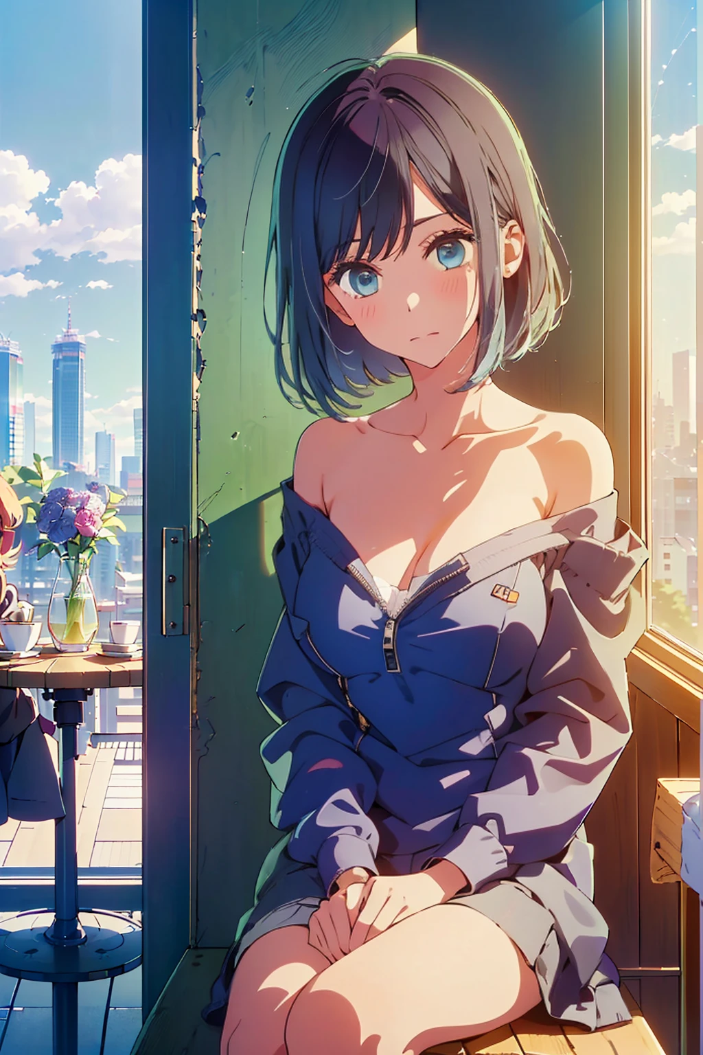 (Highest quality:1.4、8K:1.4、detailed)、F cup bust、Big Breasts、Slim body、Very white beautiful skin、((((1 person、smile、Surprised expression、sit、Chair、In the background are the urban buildings of Tokyo、looking at the camera、Indoor cafe terrace、Navy hair color、Straight Long Hair、juice、Shooting up close、Shooting from an angle、table、Very cute face))))、((((nude、Areola))))、(Pose with hair tucked behind ears with both hands:1.4)、(((Off-the-shoulder zippered outerwear)))、Nipples、Very blue sky、A completely cloudless sky