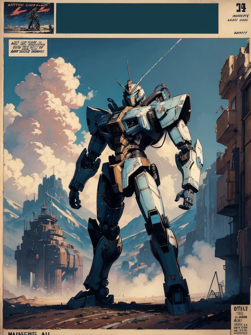 ((masterpiece, highly detailed, vintage comic)), mecha aesthetic, robot fighter standing on planet, looking defeated, looking into sky wwith despair