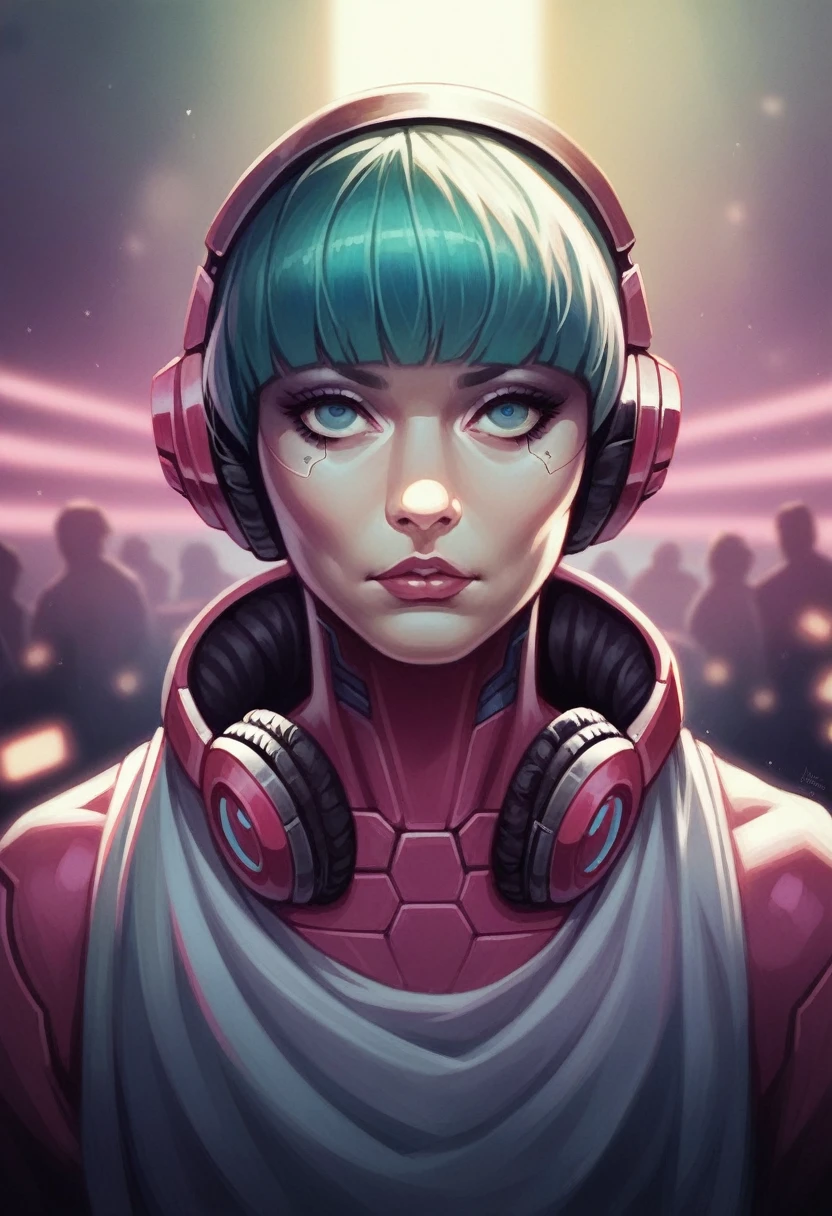 A woman wearing headphones stands next to a robot, Cyberpunk Art by Jason A. Engle, society, retrofuturism, Ilya Kuvshinov, sf, Futuristic, Vibrant, photoRealistic, Realistic, dramatic, Cinema Lighting, Sharp focus, 8K