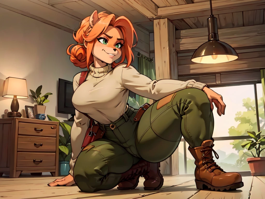 (best quality,4k,8k,highres,masterpiece:1.2),ultra-detailed,realistic:1.37,portrait, anthro bandicoot girl redhead, braided hair, beautiful green eyes, sexy ,seductive, warm sweater, camouflage pants, army boots, smirking, cozy lighting, vibrant colors ,girl anthro , sweater, camouflage pants, army boots, put on boots ,hants to boots shoeslace