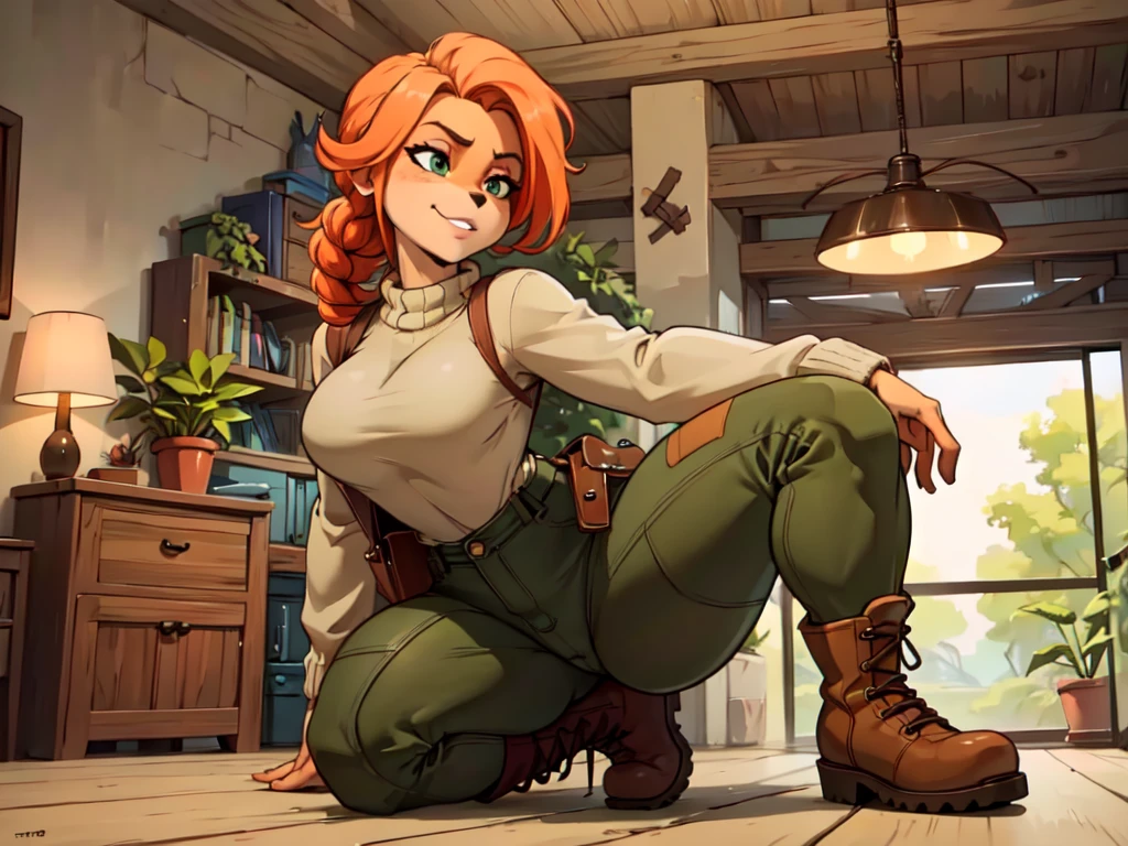 (best quality,4k,8k,highres,masterpiece:1.2),ultra-detailed,realistic:1.37,portrait, anthro bandicoot girl redhead, braided hair, beautiful green eyes,  sexy ,seductive, warm sweater, camouflage pants, army boots, smirking, cozy lighting, vibrant colors ,girl anthro , sweater, camouflage pants, army boots, put on boots ,hants to boots shoeslace 