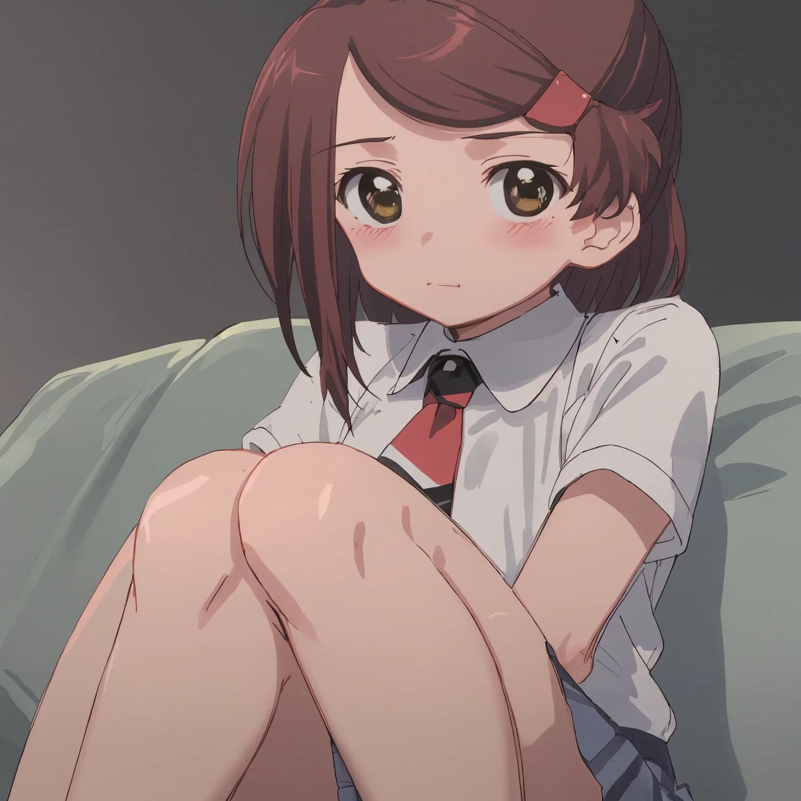 1girl, (suminoe_ako:1.3), sitting, (knees up:1.6), solo, blush, upper body, closed mouth, skirt, white shirt, (red necktie:1.0), looking at viewer, (brown:1.0), short sleeves, arms behind back