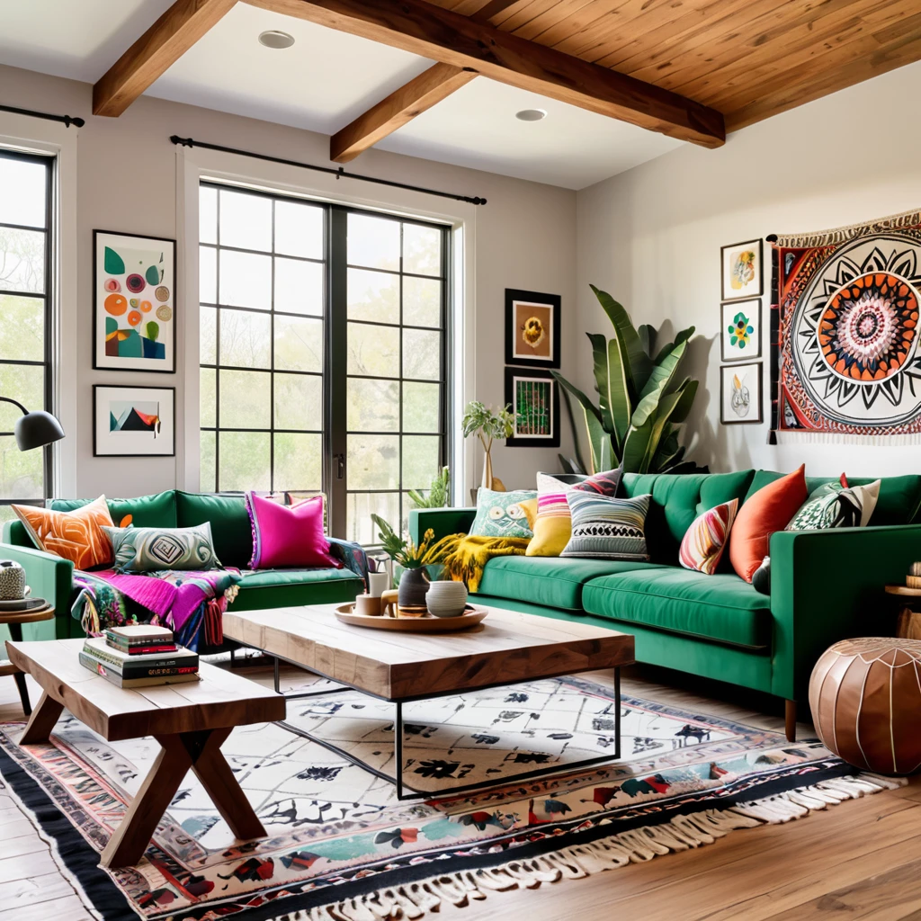 Design a bright and cozy living room featuring a mix of modern and eclectic decor. The room includes a green sofa with colorful throw pillows, a wooden coffee table, and a black and white patterned rug. The walls are adorned with various wall hangings and decorations, including a large tapestry and dreamcatchers. The space is well-lit with natural light coming through large windows, creating a warm and inviting atmosphere. Add a few small decorative items on the coffee table and shelves to enhance the cozy feel.