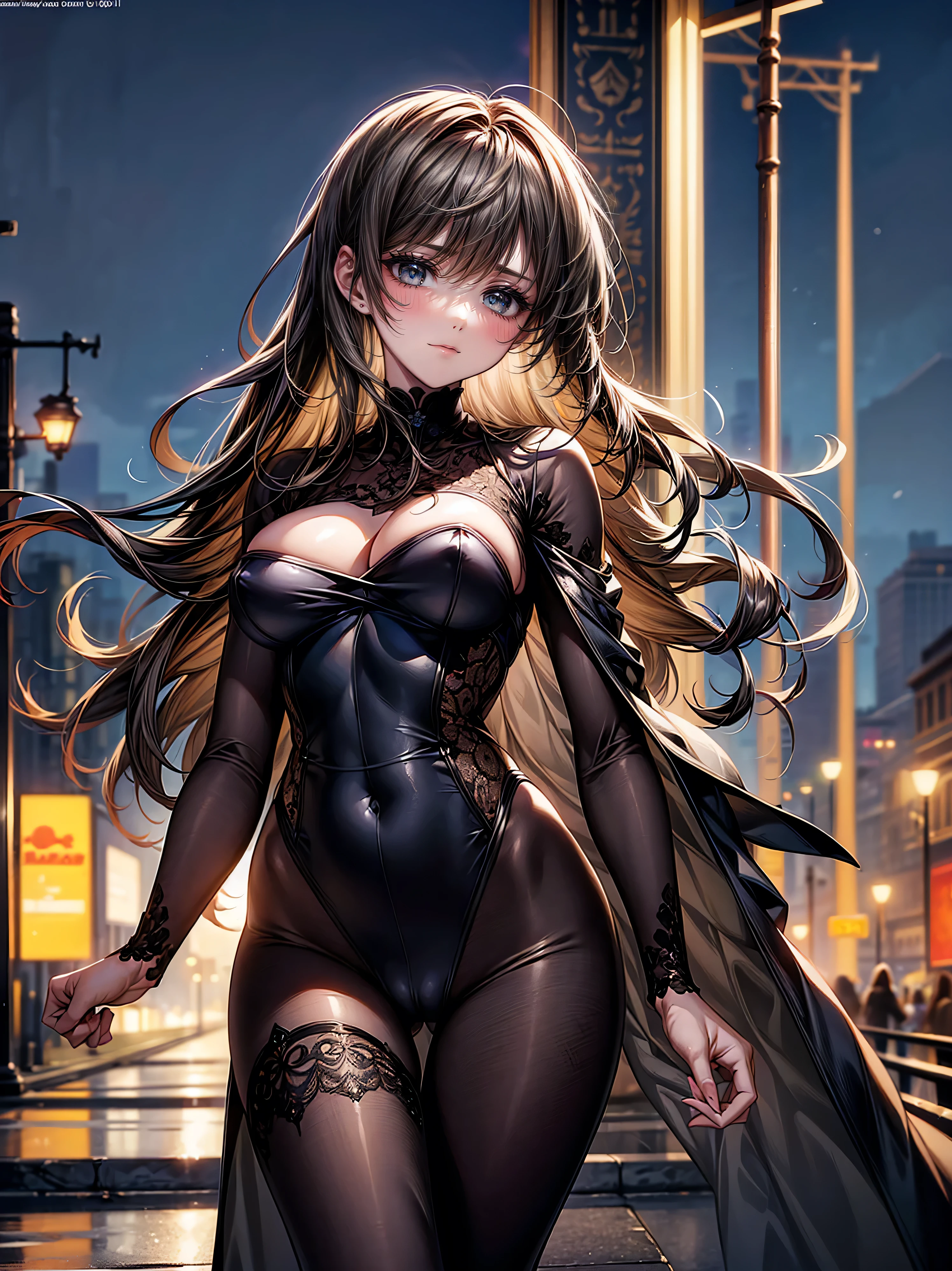 NSFW、(masterpiece, Highest quality, Super detailed:1.3), Perfect composition, 4K, (Very detailed, Super detailed), Soft lighting, barefoot, High resolution, 8k Texture, Attention to detail, Highly detailed skin texture, Magnificent details, High Sharpness, One girl, (Fine grain:1.3), (18-year-old girl:1.3), (skinny), (Big Breasts), small, on the road, In public, European night city, night lighting, Neon Light, (Enamel high leg suit), figure, (masturbation:1.5)