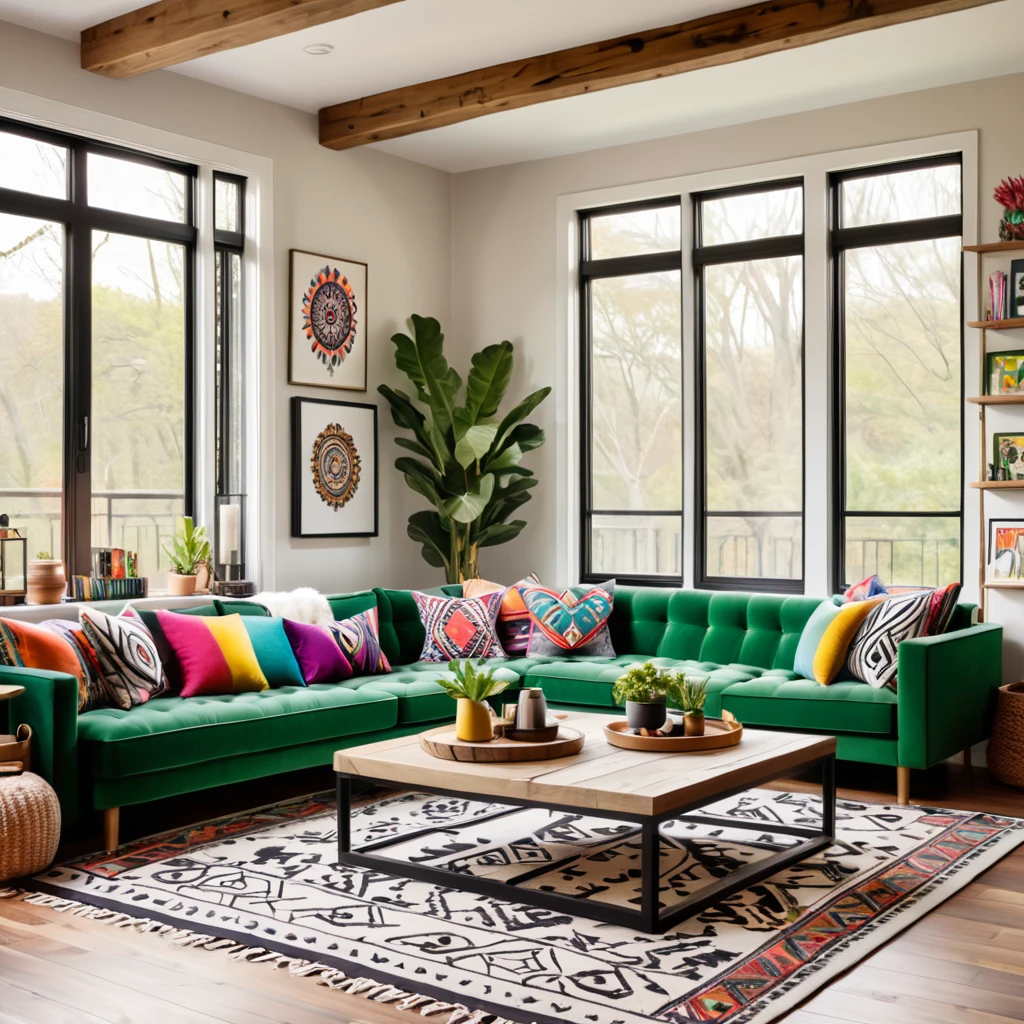 Design a bright and cozy living room featuring a mix of modern and eclectic decor. The room includes a green sofa with colorful throw pillows, a wooden coffee table, and a black and white patterned rug. The walls are adorned with various wall hangings and decorations, including a large tapestry and dreamcatchers. The space is well-lit with natural light coming through large windows, creating a warm and inviting atmosphere. Add a few small decorative items on the coffee table and shelves to enhance the cozy feel.