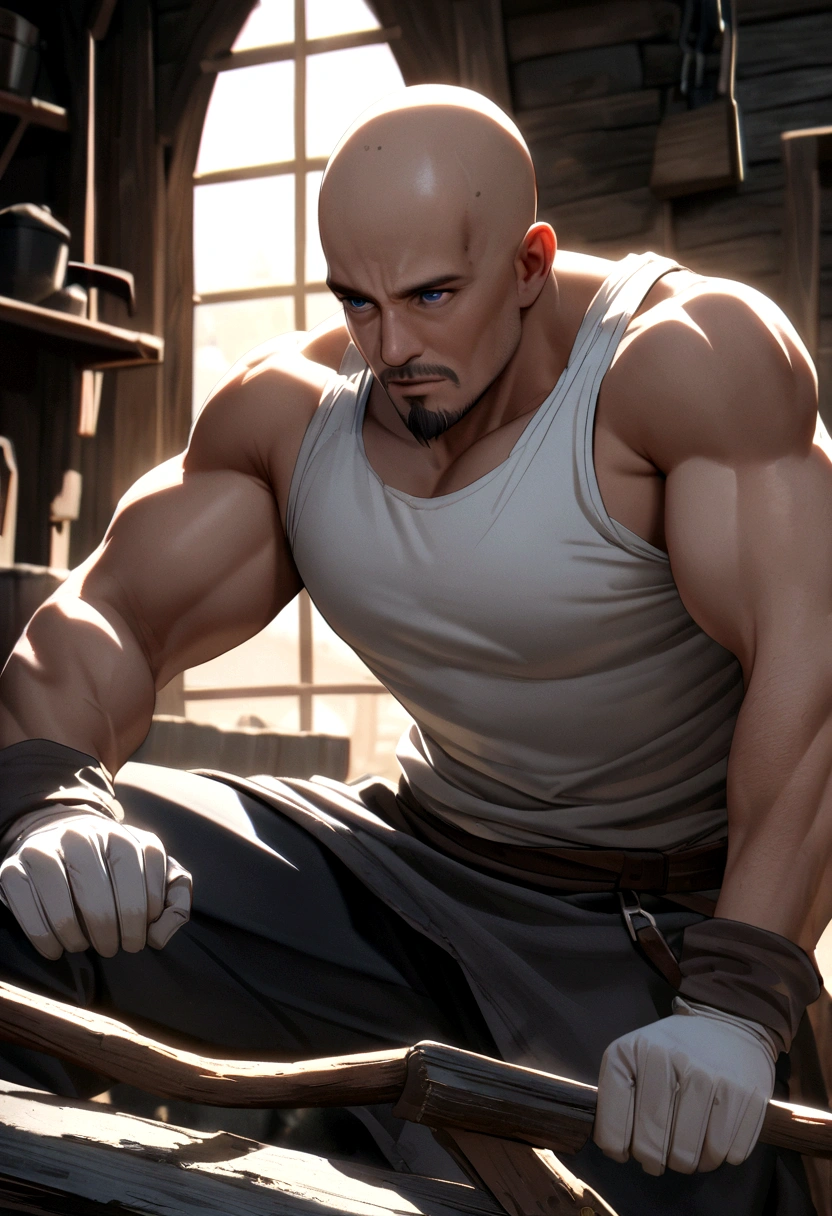 40 year old male, bald head, grey goatee, dark blue eyes, grey tank top, white t-shirt, white gloves, blacksmith