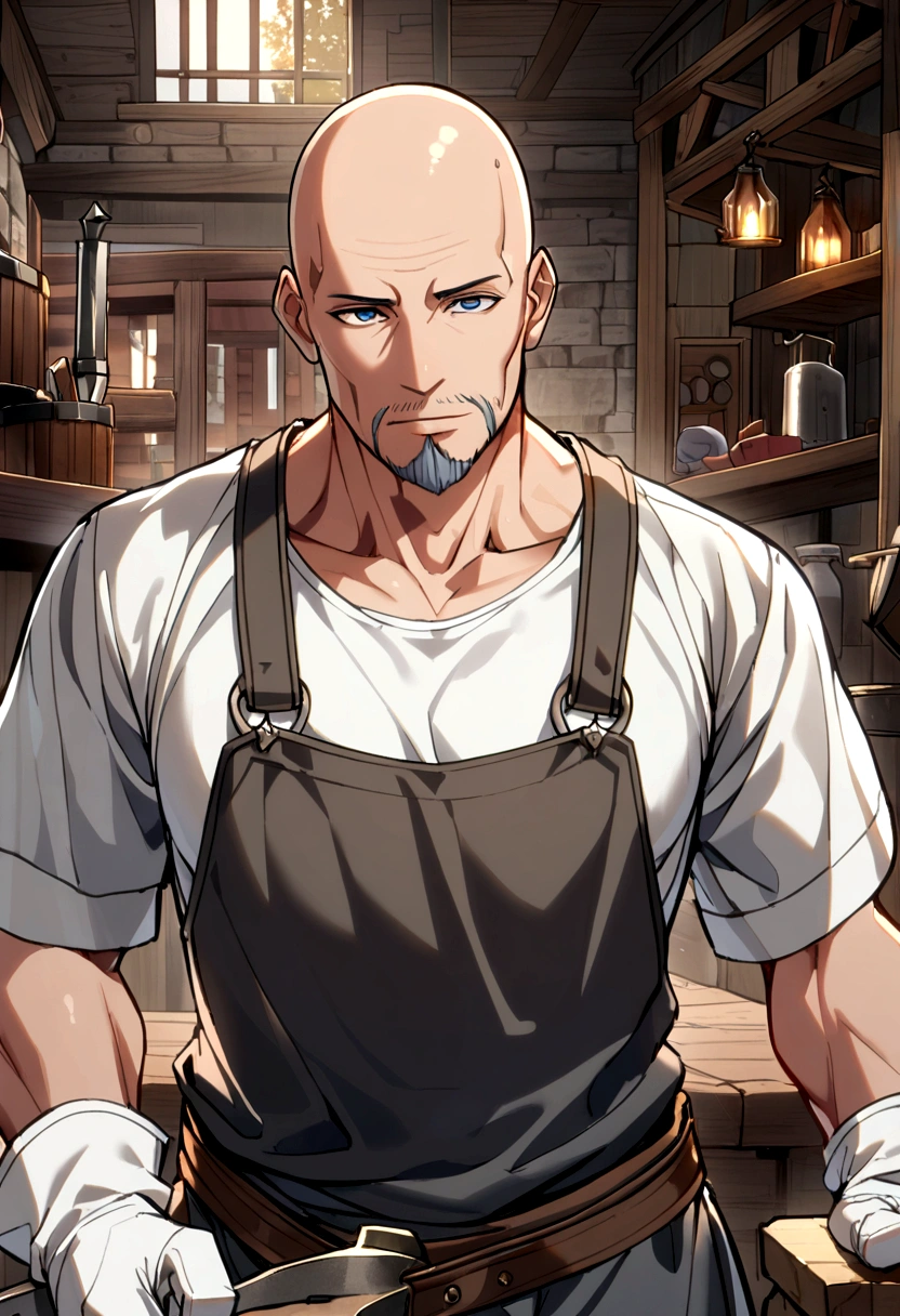 40 year old male, bald head, grey goatee, dark blue eyes, grey tank top, white t-shirt, white gloves, blacksmith