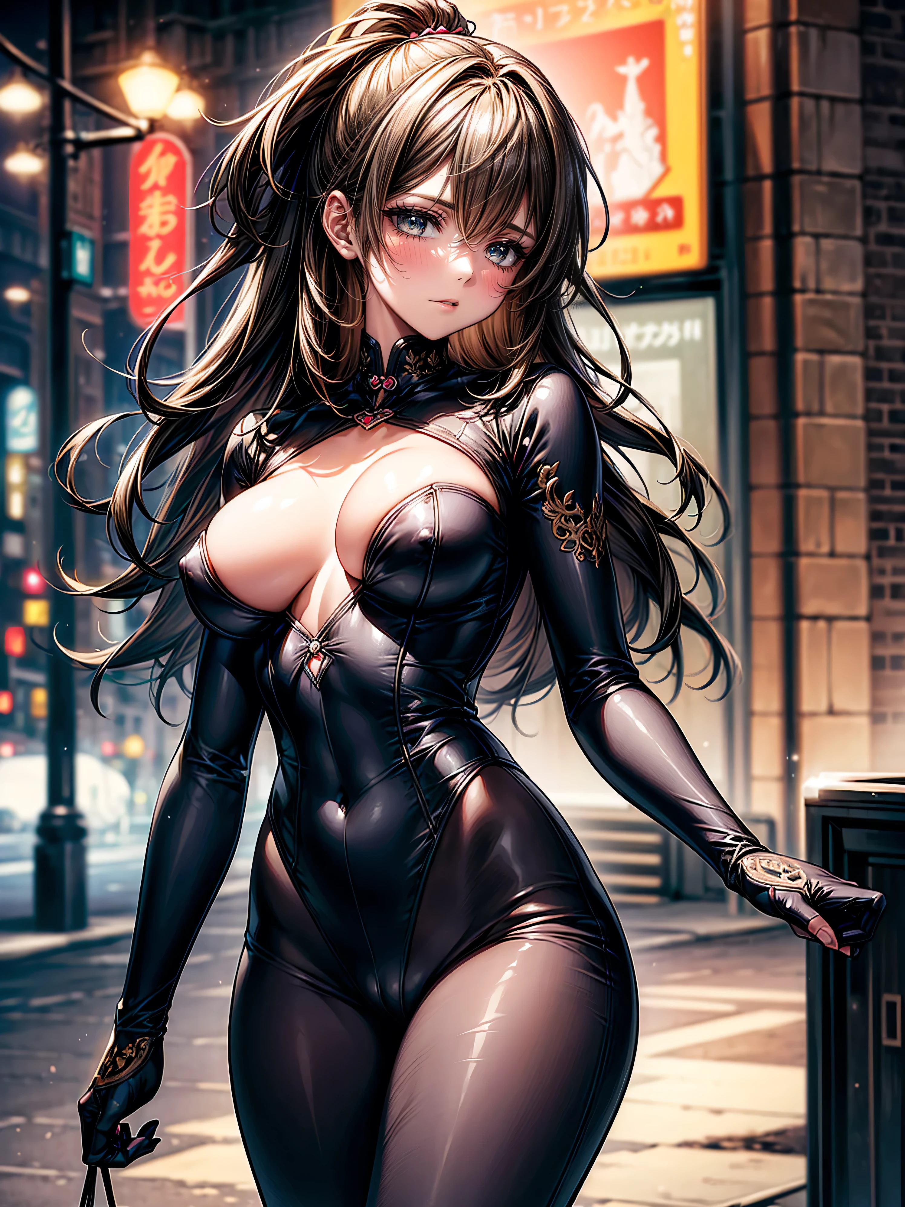 NSFW、(masterpiece, Highest quality, Super detailed:1.3), Perfect composition, 4K, (Very detailed, Super detailed), Soft lighting, barefoot, High resolution, 8k Texture, Attention to detail, Highly detailed skin texture, Magnificent details, High Sharpness, One girl, (Fine grain:1.3), (18-year-old girl:1.3), (skinny), (Big Breasts), small, on the road, In public, European night city, night lighting, Neon Light, (Enamel high leg suit), figure, (masturbation:1.5)