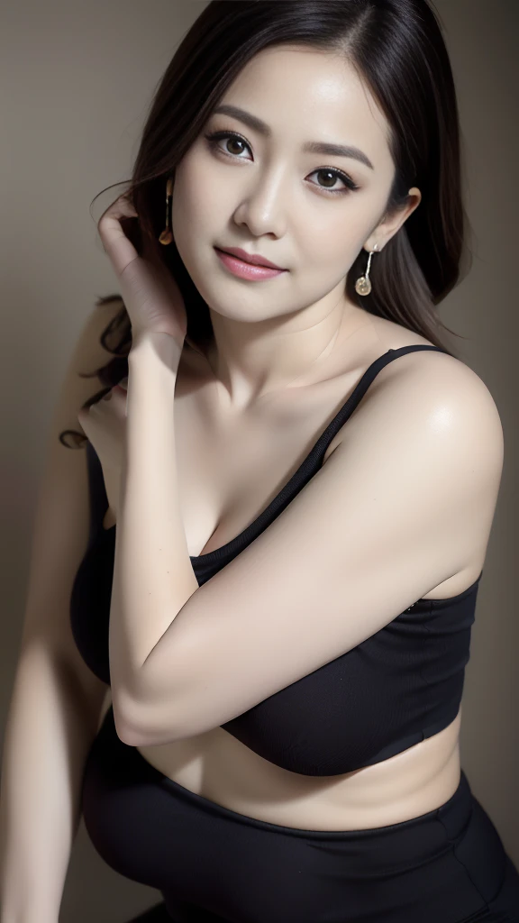 masterpiece,best quality, (1 milf), ((portrait:1.5)), makeup, (looking at the viewer), make up:1.5, showing armpits, black shirt, touch own chest, ((seduction expression)),