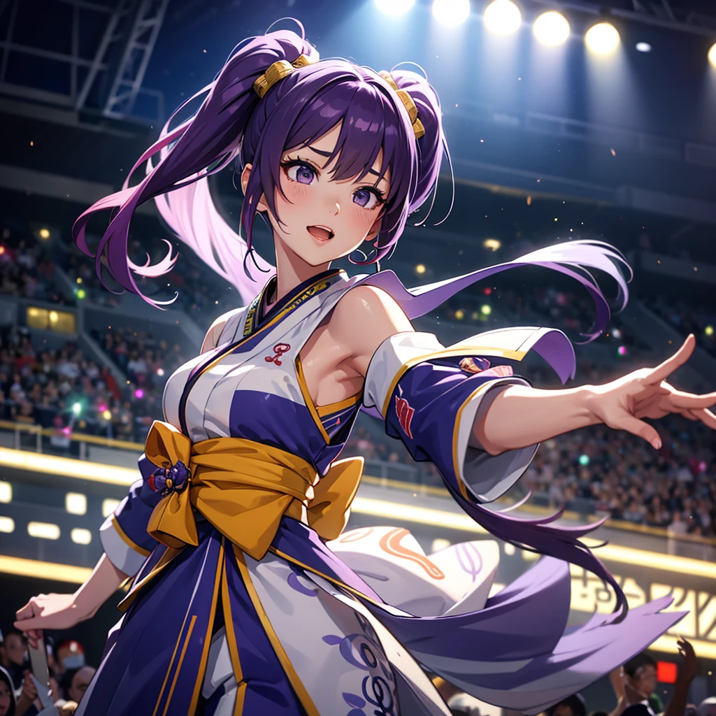 Dynamic young woman、Her vibrant purple hair is styled in twin tails.、Dynamic dancing and singing on stage、In-ear microphone、Wearing a costume that combines elements of traditional kimono and modern idol costumes,、With a fan in each hand、Contemporary influences、Detailed background elements、Lively crowd、Ambient Festival Lights、 Soft warm light、Low-angle camera captures heroic poses、2-point perspective、鮮やかな自然とSpotlightをミックスした照明、Subtle rim lighting、8k rendering、Advanced Texture Techniques、Subtle Motion Blur、Depth of Field Effect、Laser beam、Magic light effect、Spotlight、Impressive realistic anime style