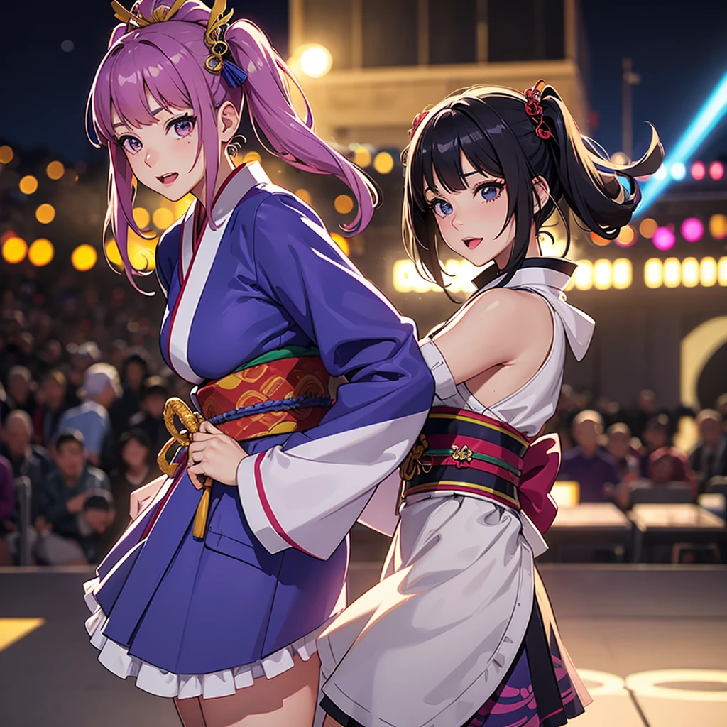 Dynamic young woman、Her vibrant purple hair is styled in twin tails.、Dynamic dancing and singing on stage、In-ear microphone、Wearing a costume that combines elements of traditional kimono and modern idol costumes,、With a fan in each hand、Contemporary influences、Detailed background elements、Lively crowd、Ambient Festival Lights、 Soft warm light、Low-angle camera captures heroic poses、2-point perspective、鮮やかな自然とSpotlightをミックスした照明、Subtle rim lighting、8k rendering、Advanced Texture Techniques、Subtle Motion Blur、Depth of Field Effect、Laser beam、Magic light effect、Spotlight、Impressive realistic anime style