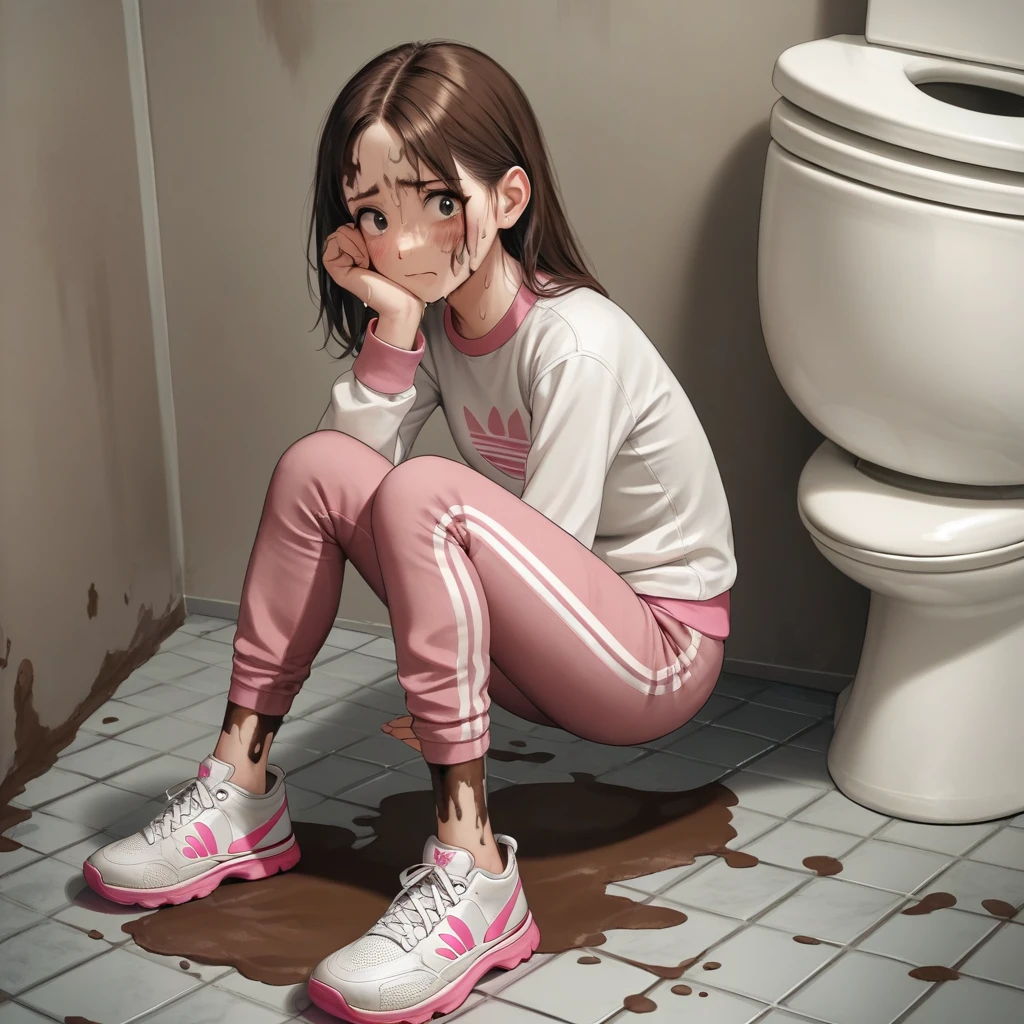 Ultra-realistic, 4k, 1girl, 10 year old, cute face, pretty face, cute eyes, skinny body, brown hair, pink adidas sweatpants, tight long sleeve sports white tshirt, white sneakers, nervous facial expressions, very sweaty, in dirty dark public toilet, near the toilet, dirty toilet walls, dirty toilet floor, dirty toilet, dirty clothes, sweaty clothes, (((make the whole image filthy and dirty))), (((mud on the floor and mud overflowing from toilet bowl))), stinky atmosphere, filthy atmosphere, mud everywhere, mud on face, mud on pants, disgusting toilet,