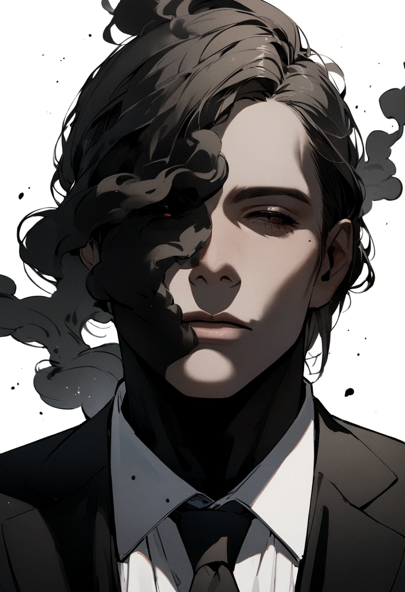 A portrait of a person dressed in a suit., his face is unrecognizable, Where the head would be, it looks like smoke from dark particles., blank background