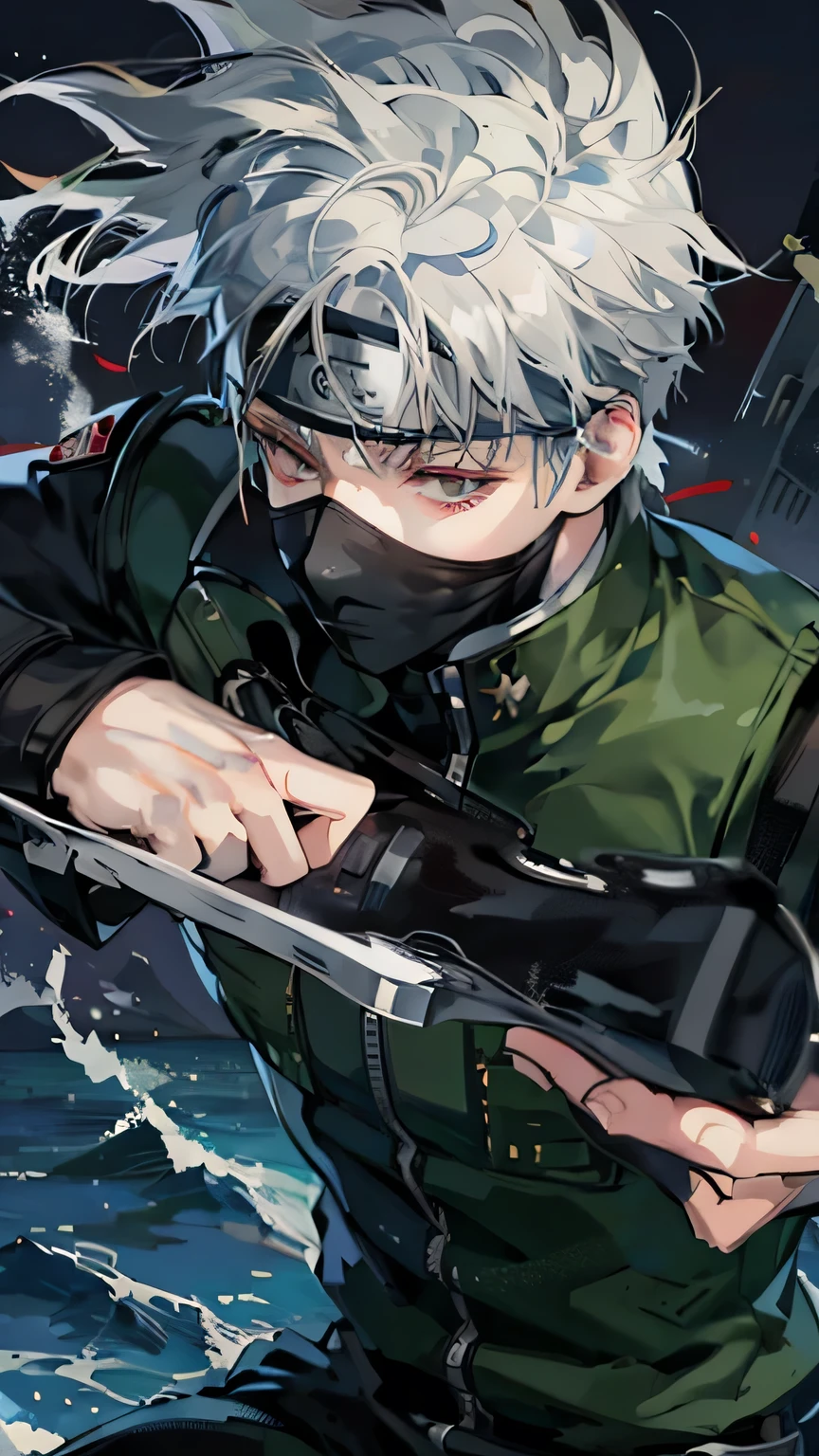 1male, hatake kakashi in anime naruto, short hair , white hair, red eyes, handsome, smile, grey clothes, realistic clothes, detail clothes, beach city background, ultra detail, realistic