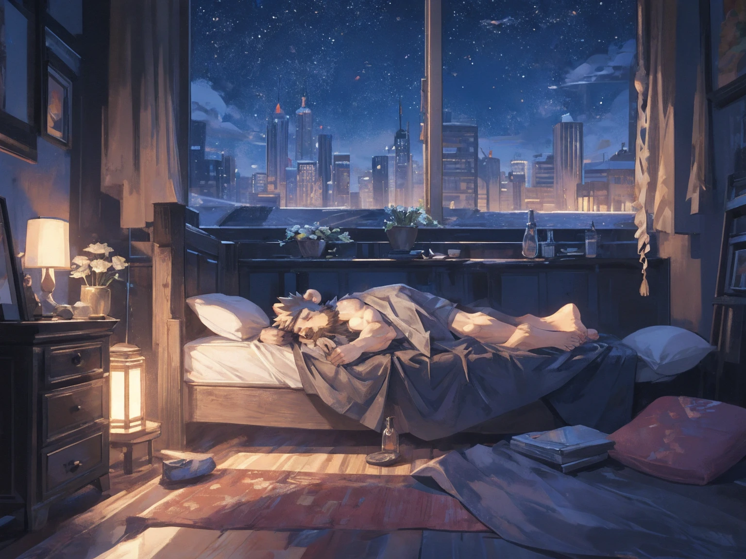 (masterpiece:1.2), best quality,pixiv,official art,perfect ???????, (Ray tracing, light),solo, (1_male:1.3) , (muscle), (grey fur:1.4), (muscle bear), (beard:1.2), (gleaming golden eyes), bear tail, Thick black eyebrows,(black bathrobe), (naked inside), jeans, barefoot, A skyline at night, with twinkling stars and a bright Milky Way. character is sleeping in the bed with a blanket