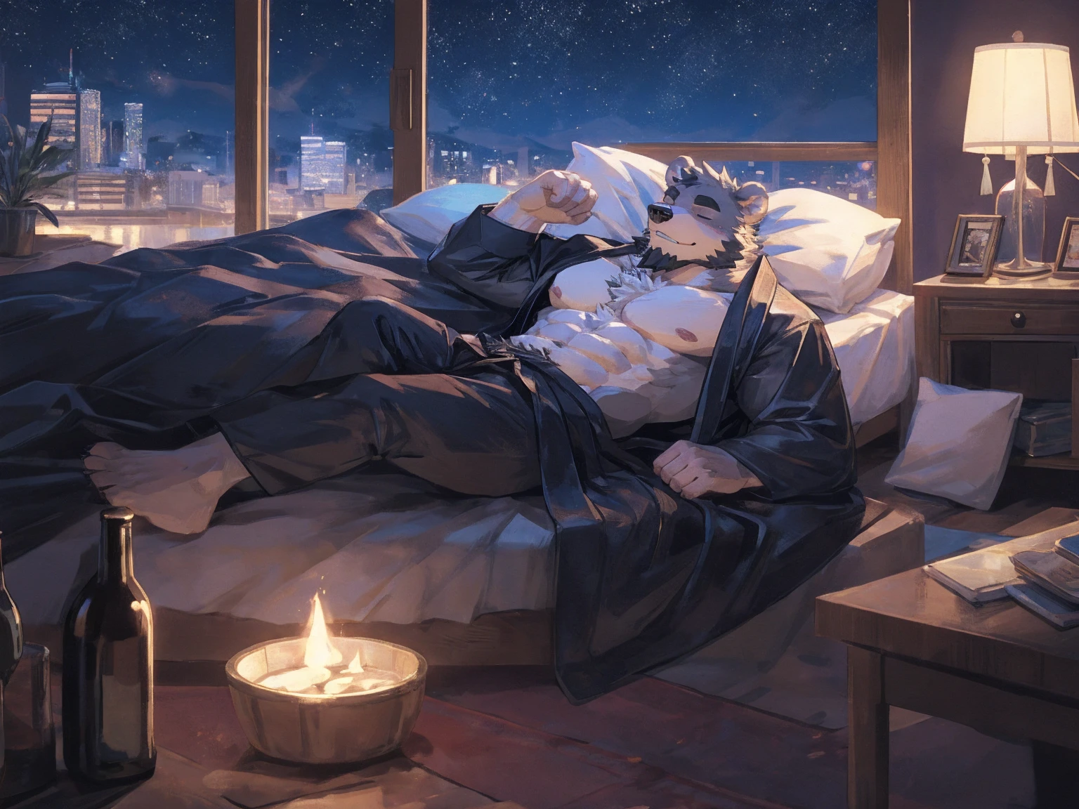 (masterpiece:1.2), best quality,pixiv,official art,perfect anatomy, (Ray tracing, light),solo, (1_male:1.3) , (muscle), (grey fur:1.4), (muscle bear), (beard:1.2), (gleaming golden eyes), bear tail, Thick black eyebrows,(black bathrobe), (naked inside), jeans, barefoot, A skyline at night, with twinkling stars and a bright Milky Way. character is sleeping in the bed with a blanket