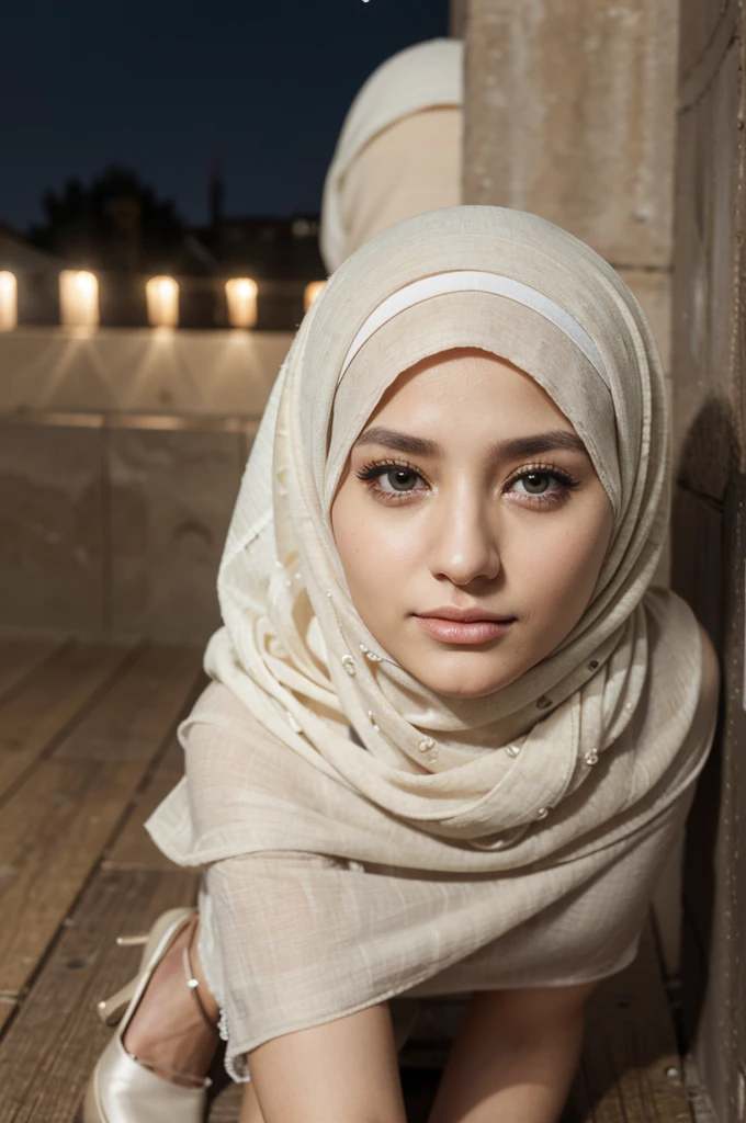 (masterpiece), best quality, expressive eyes, perfect face photography, uhd, realistic,((masterpiece)), super detailed, highly detailed, 16k, high resolution, ((turkish girl hijab)), ((long hijab, closed hijab , wear sharie skirt, wear heels)), fit body, perfect eyes, pale skin, white skin, perfect skin, ((outdoor)), at night, very smooth face, soft eyes, double eyelids, half smile, Realistic photos, beautiful and smooth, heterosexual, bralesa