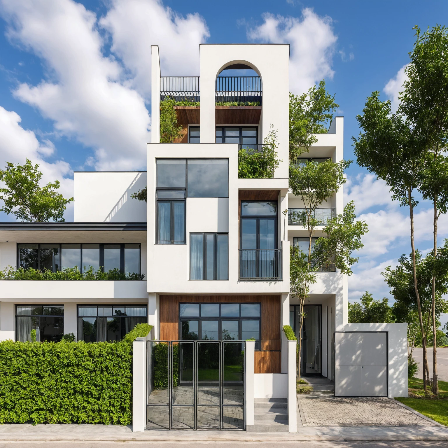 Masterpiece, high quality, best quality, authentic, super detail, outdoors, house style modern,bietthuhn, white wall, glass windows, gate road,pavement, grass, trees,blue sky, cloud, (day:1.1), realistic lighting