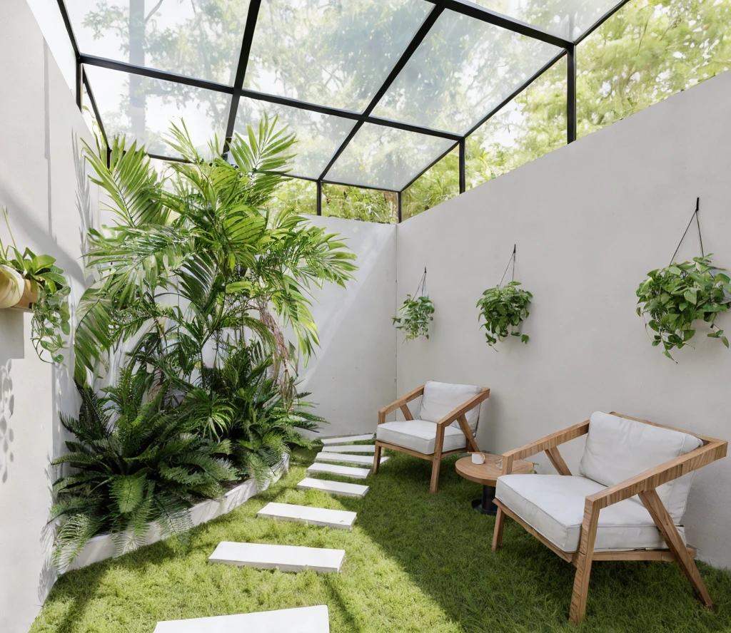 garden in house, chair, grass on ground, plant, ( god ray ), (dramatic mood)