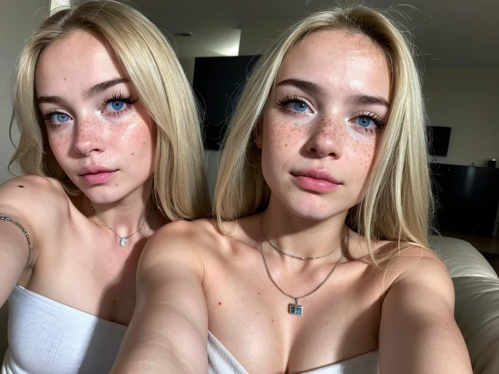 (Selfie, photoshot: 1.4), RAW UHD portrait of an 18 year old blonde (Blue eyed woman) In the living room, breasts big (neckleace), detaileds ( fabric!, body hair!, sheen, Farbe!, Disadvantages:1.1), Olhos brilhantes com alto nível de detaileds (looking at the camera), SLR Lighting, Ultra quality single lens reflex camera, sharpening, Depth of field, film com (average), Fujifilm, detaileds de olhos complexos, fully body, breasts big, light freckles on the face, just a girl in the photo, photo of a single girl