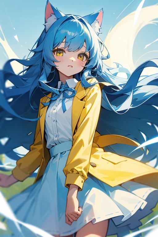 Light blue, slightly long curly hair、Cat ear、Yellow Eyes、White dress shirt-like blouse、Yellow jacket、Light blue skirt、Light blue ribbon on chest、Girl、15 years old、cute