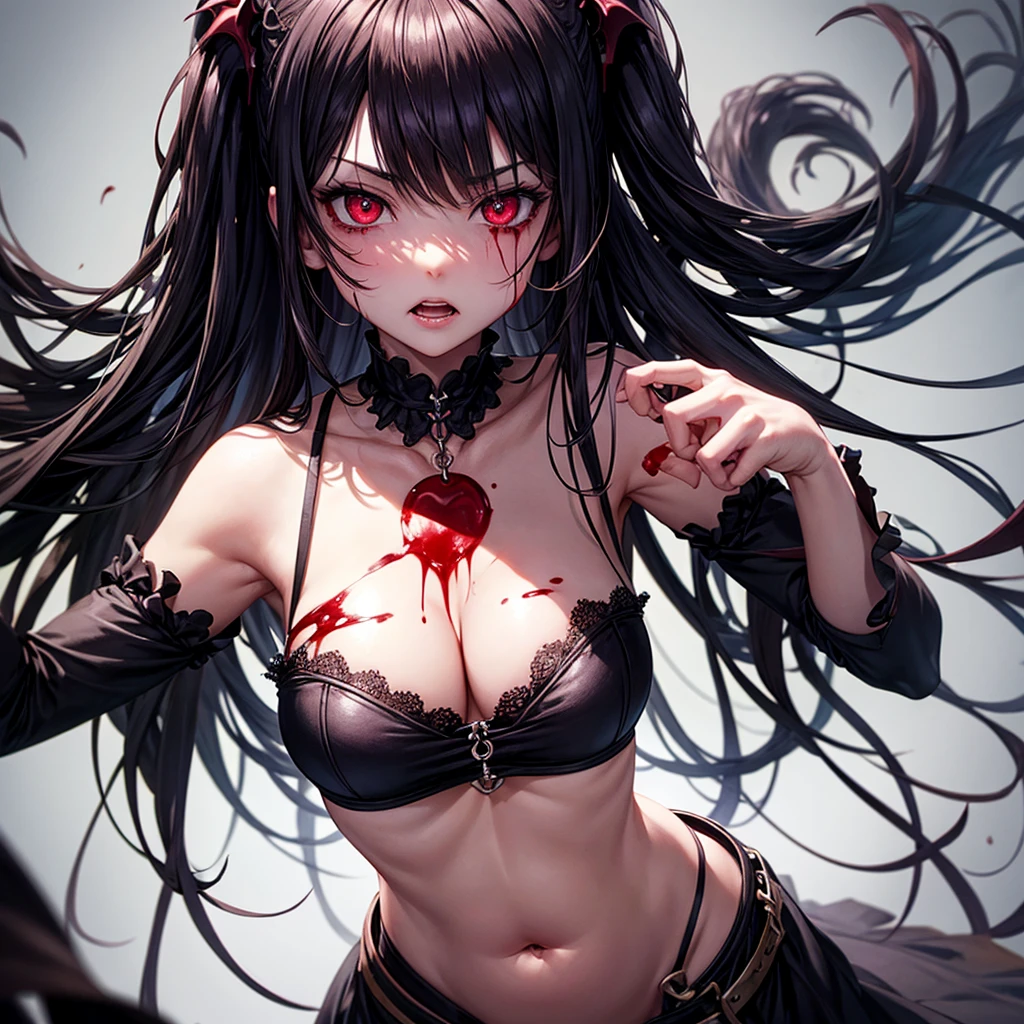 His chest was covered in blood、Anime girl with blood dripping from her chest, Gothic girl anime girl, gapmoe Yandere grimdark, Devil anime girl, Shatia Bradfren, Bad guy anime 8k, Yandere intricate, portrait gapmoe Yandere grimdark, Vampire Girl, bloody + Concept Art, Yandere, Anime style 4K, Detailed digital anime art,Zombies,Tear and bite,((Big belly)),((obesity)),(Tattered Gothic Dress)