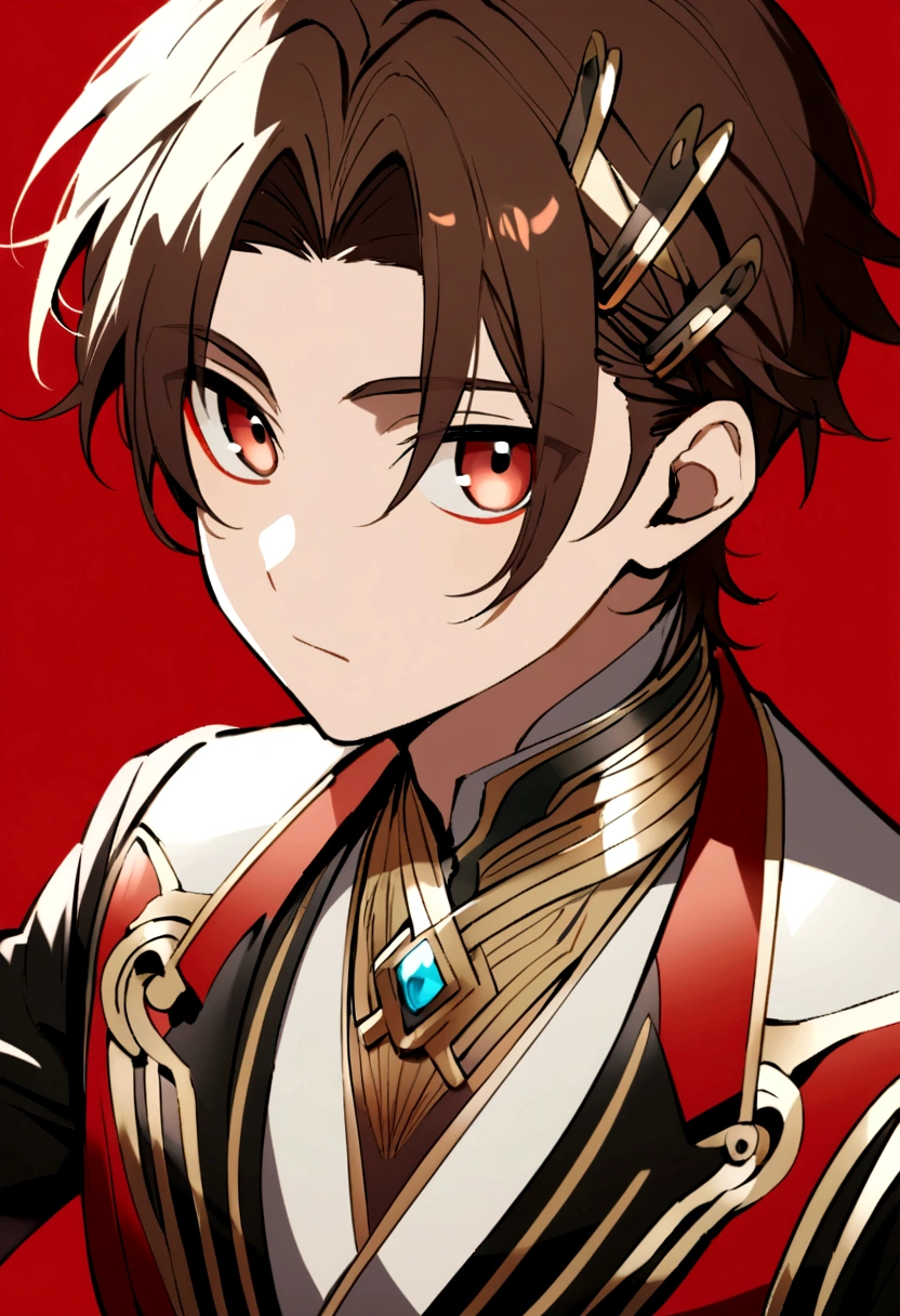 A male anime boy with moderate dark brown hair and bangs which he always pinned with hairpins. His eyes has red brown color. His face looks like a kid and he wear a modern