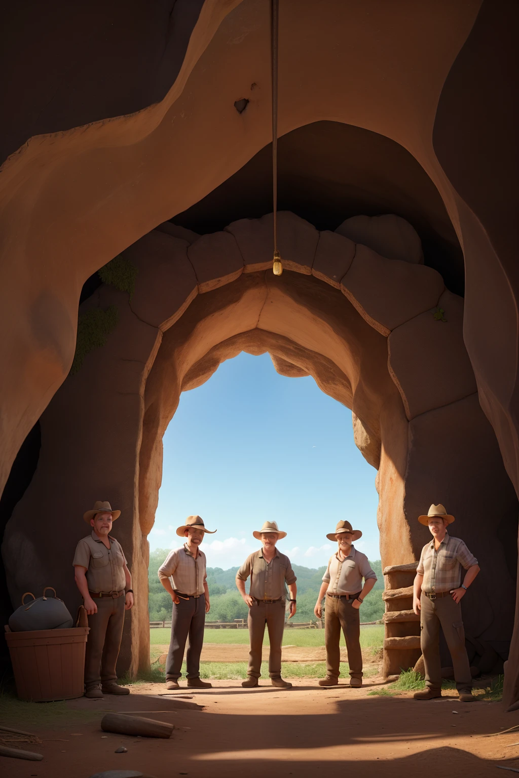 The entrance of an old, dilapidated cave that has been closed for years, with farmer and his friends standing in front of it