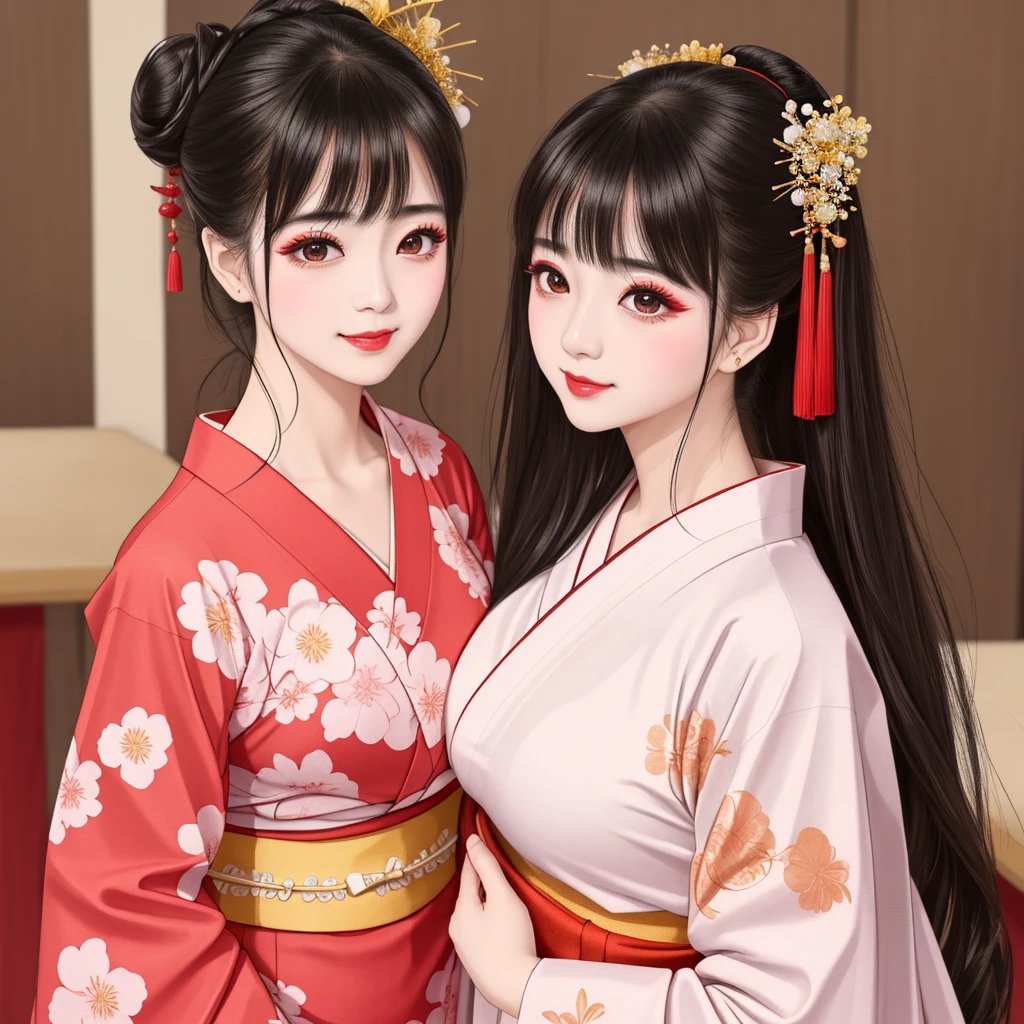 Each has a different expression２People and sisters、(２ girls）、｟Dancing traditional arts with grace)、((Big Breasts、Small Face、Not exposed))、Highest quality、masterpiece、（Black Hair、Bun Hair）、Brown Eyes、｟Wide angle、Angle from above the waist、雑誌の表紙のPause、Their gazes are different, staring into the distance｠、(８K High Quality、masterpiece、High resolution、Realistic and beautiful light and shadow、(Highest quality)、(High Resolution)、(Very delicate and beautiful)、(Beautiful 8k face)、(With a smile、Beautiful eyes)、(Clear skin)、(Soft hair)、(８Head to Body)、(A Japanese-style yukata kimono with red, pink, orange and blue floral patterns on a white background, interspersed with gold powder、Wearing a yukata２Beautiful Japanese girls)、((Tanabata decoration background))、((Small Face))、(arms up)、Thin and small nose、（Red lipstick）、（Make your cheeks red）、（Glossy skin）、((Ink painting style))、Very thin eyebrows、Overall ultra-high image quality、（She is wearing maiko-style makeup.）、Whitening、Long and beautiful eyelashes、Glowing Skin、（Red cheeks）,Straight nose、masterpiece、Highest quality、whole body、 Eyebrows visible through hair、Bun Hair、Grin、Gal、コGal、Viewer&#39;s Eyes、Plaid、Stylish、woman、fine、Pause、
Waiting to start 
