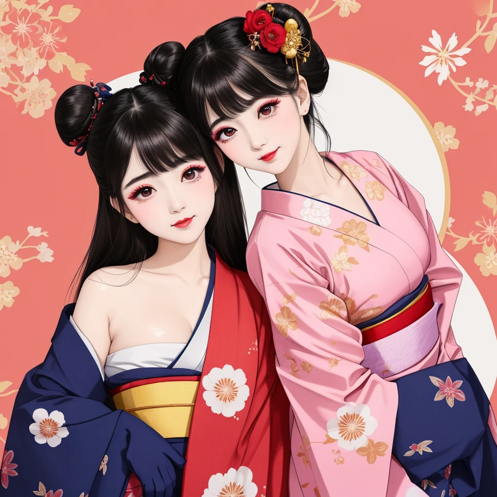 Each has a different expression２People and sisters、(２ girls）、｟Dancing traditional arts with grace)、((Big Breasts、Small Face、Not exposed))、Highest quality、masterpiece、（Black Hair、Bun Hair）、Brown Eyes、｟Wide angle、Angle from above the waist、雑誌の表紙のPause、Their gazes are different, staring into the distance｠、(８K High Quality、masterpiece、High resolution、Realistic and beautiful light and shadow、(Highest quality)、(High Resolution)、(Very delicate and beautiful)、(Beautiful 8k face)、(With a smile、Beautiful eyes)、(Clear skin)、(Soft hair)、(８Head to Body)、(A Japanese-style yukata kimono with red, pink, orange and blue floral patterns on a white background, interspersed with gold powder、Wearing a yukata２Beautiful Japanese girls)、((Tanabata decoration background))、((Small Face))、(arms up)、Thin and small nose、（Red lipstick）、（Make your cheeks red）、（Glossy skin）、((Ink painting style))、Very thin eyebrows、Overall ultra-high image quality、（She is wearing maiko-style makeup.）、Whitening、Long and beautiful eyelashes、Glowing Skin、（Red cheeks）,Straight nose、masterpiece、Highest quality、whole body、 Eyebrows visible through hair、Bun Hair、Grin、Gal、コGal、Viewer&#39;s Eyes、Plaid、Stylish、woman、fine、Pause、
Waiting to start 
