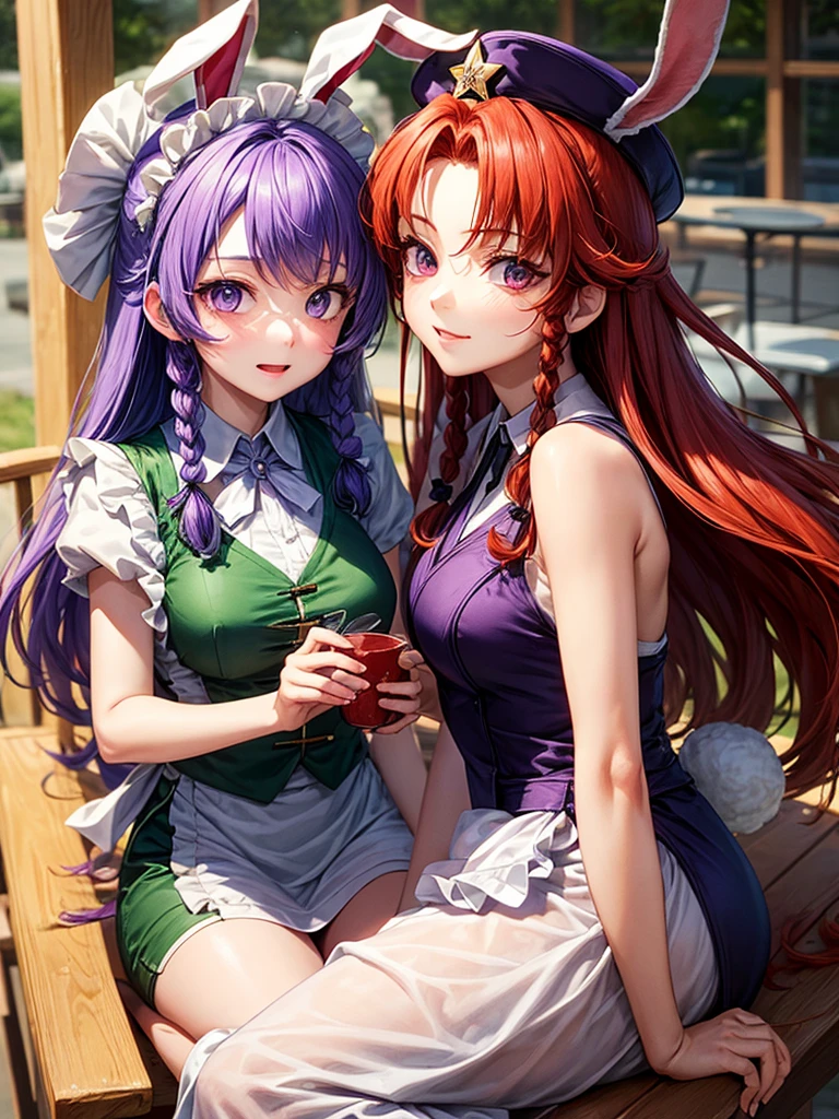 Sakuya's Sisters (Meiling and Hong Meiling): Both sisters wear maid outfits with white aprons and hats. BREAK Hong Meiling has purple hair, BREAK while Meiling has red hair. Reisen Udongein Inaba: Reisen, a moon rabbit, is recognized by her purple eyes and long purple hair. Her ears are large and erect, and she sometimes uses a rabbit ear barrier. She typically wears a light purple kimono.