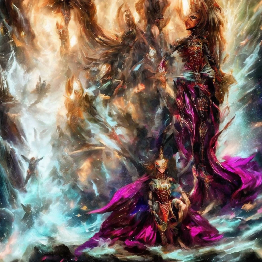 Yvraine, an elegant and formidable Aeldari warrior, dressed in her rune-adorned robe, wielding the sword Kha-vir, surrounded by a luminous and ethereal aura. Beside her, the Visarch, a towering warrior in ceremite armor, brandishing his cruel sword Asu-var, in a protective and battle-ready stance. The scene is set on a futuristic battlefield, with debris and flashes of dark and bright energy around. The image should be in 4K resolution and highly detailed.
