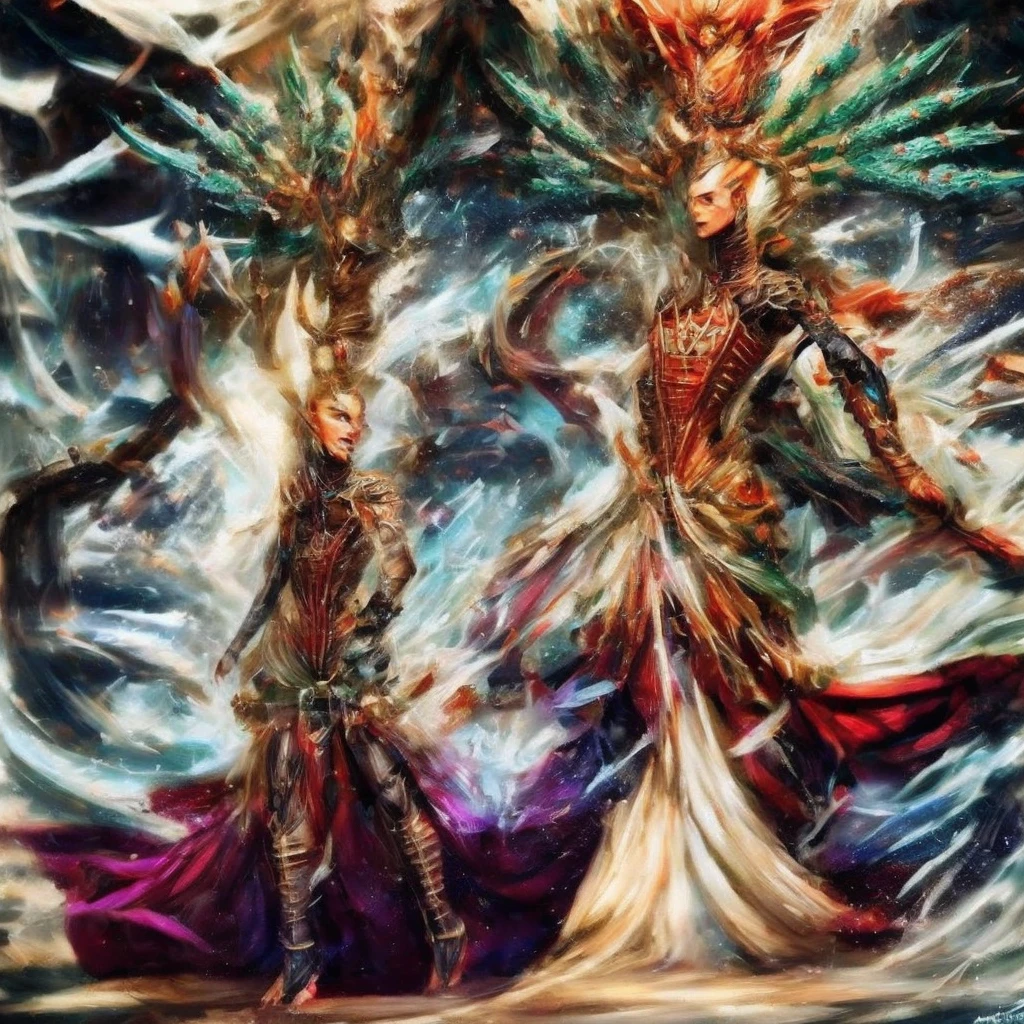 Yvraine, an elegant and formidable Aeldari warrior, dressed in her rune-adorned robe, wielding the sword Kha-vir, surrounded by a luminous and ethereal aura. Beside her, the Visarch, a towering warrior in ceremite armor, brandishing his cruel sword Asu-var, in a protective and battle-ready stance. The scene is set on a futuristic battlefield, with debris and flashes of dark and bright energy around. The image should be in 4K resolution and highly detailed.
