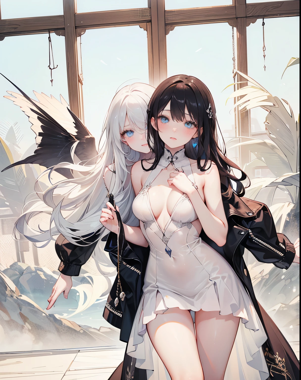 (((full-body view))), ((hentai)), ((dark fantasy)),((two girls with wavy hair, pale skin, long light blond hair),((light blue eyes)), freckles,(girls 18 years old),erotic posing,Gothic background, Dark fantastic view,Best Quality,masutepiece,8K,The ultimate detailed dark background, Top image quality、RAW photography、超A high resolution, overall look is very erotic, round chest, Beautiful Eyes of Details、Very slender eyes、Beautiful eyelashes、Very slim physique, with blush cheeks