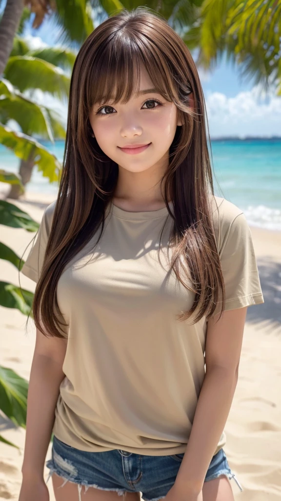 Full Body Shot、Tropical sandy beach、(8k RAW photos, Highest quality, masterpiece, 8k-UHD), (Realistic, Ultra-high resolution, Depth of written boundary, Cinema Lighting, Film Grain, Very cute 16 year old girl, ,Long eyelashes, Sagging under the eyes, Cute face, Highly detailed eyes and hair, Beautifully detailed skin, Smile, Brown Hair, Thick bangs, Shiny Hair, Ample breasts、Cute spring clothes、T-Shirts、