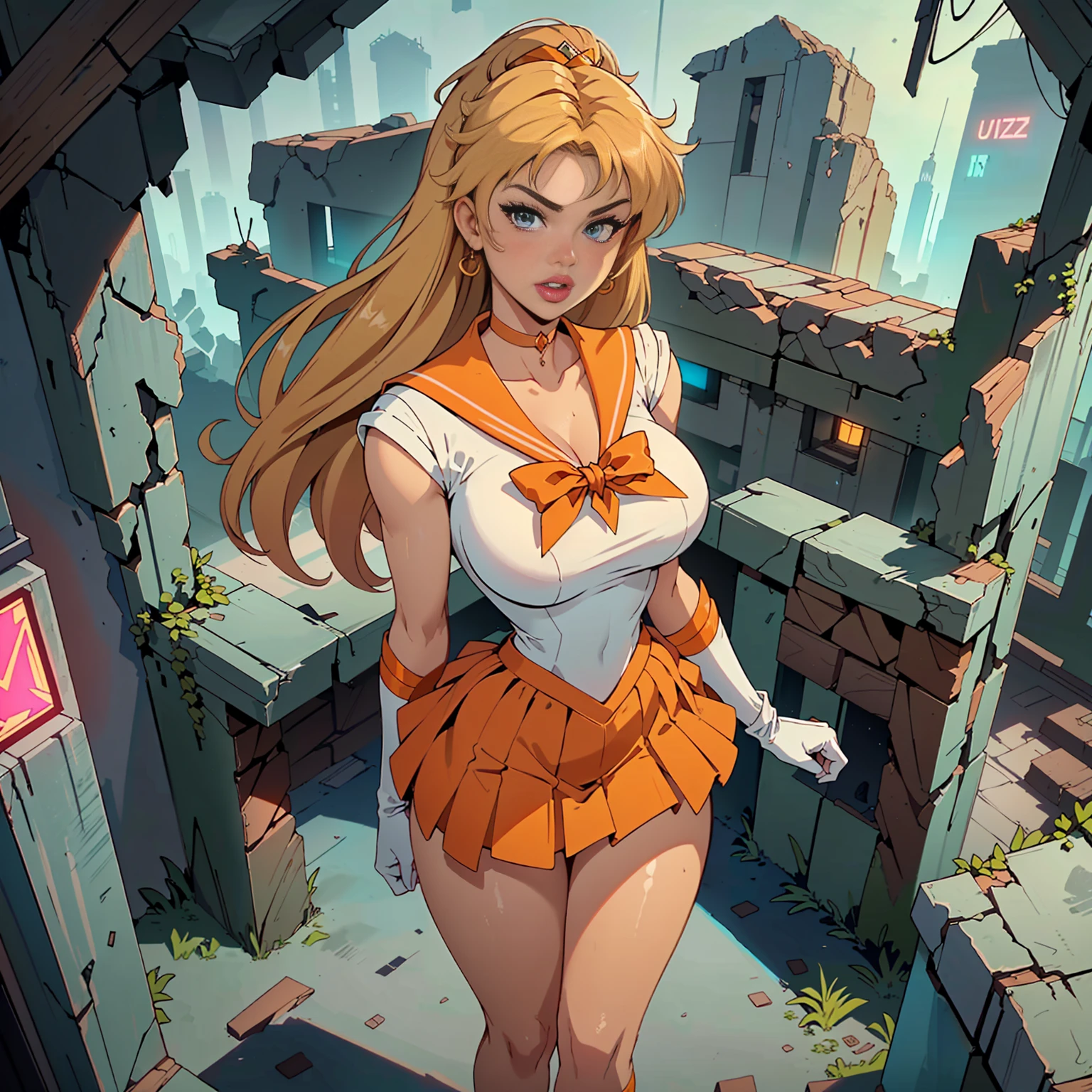 (La mejor calidad,A high resolution,Ultra - detallado,actual),Selena Gomez, (masterpiece, best quality;1.3), very detailed CG, very detailed, 1 girl, alone, laugh, looking at viewer, stylish angle, blonde long hair,blue eyes, huge  sv1, Sailor Sensi Uniform, Orange skirt, elbow bag, tiara, Orange Sailor Color, red bow, Orange Choker, white gloves, bijouterie, from above,,(Fondo de ruinas de mazmorra en ruinas cyberpunk :1.4 ) I have a lot of heart, face focus,venus,hurricane,abstract background, galaxy background,(Sailor Venus:1.4), (Sailor Venus V2.1), ,(Fondo de ruinas de mazmorra en ruinas piedras grandes cyberpunk :1.4 ),(perfect anatomy :1.4), (cinematic lighting :1.4),( dynamic cowboy pose), (fondo lluvia cayendo nublado tenebroso :1.4), (Selena Gomez :1.4), (Selena Gomez V2.1),( dedos detailed :1.4), BIG THIGHS, gigantic