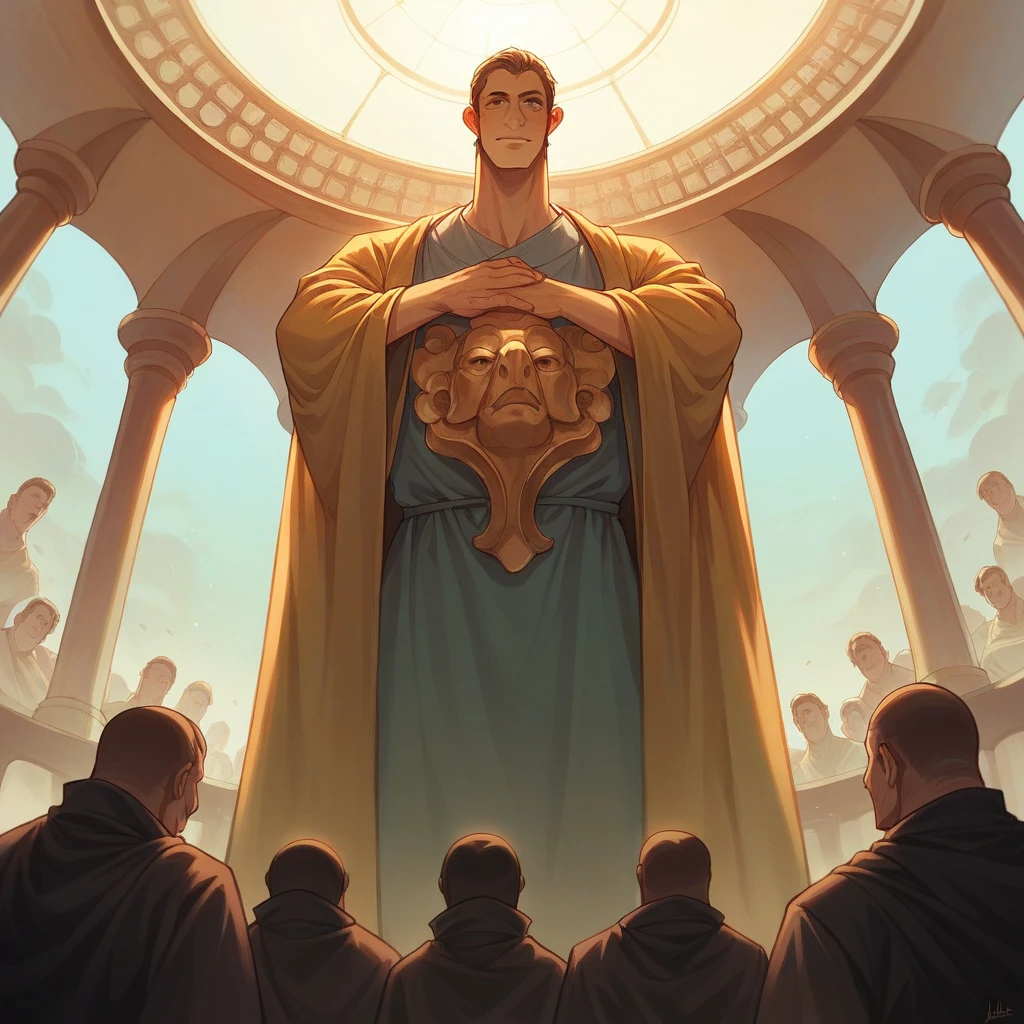(Tafah, Best quality:1.2), Superior detail, Cinema lighting, Human development report, clarification, Giant stone heads like a habitat in the middle of the sea, Colorful,  Monks in procession, puzzle, Very detailed, High contrast, Composition of the golden ratio, Epic show, Tafah,