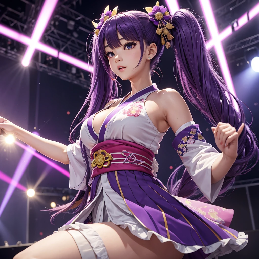 Dynamic young woman、Her vibrant purple hair is styled in twin tails.、Dynamic dancing and singing on stage、In-ear microphone、Wearing a costume that combines elements of traditional kimono and modern idol costumes,、With a fan in each hand、Contemporary influences、Detailed background elements、Lively crowd、Ambient Festival Lights、 Soft warm light、Low-angle camera captures heroic poses、2-point perspective、鮮やかな自然とSpotlightをミックスした照明、Subtle rim lighting、8k rendering、Advanced Texture Techniques、Subtle Motion Blur、Depth of Field Effect、Laser beam、Magic light effect、Spotlight、Impressive realistic anime style