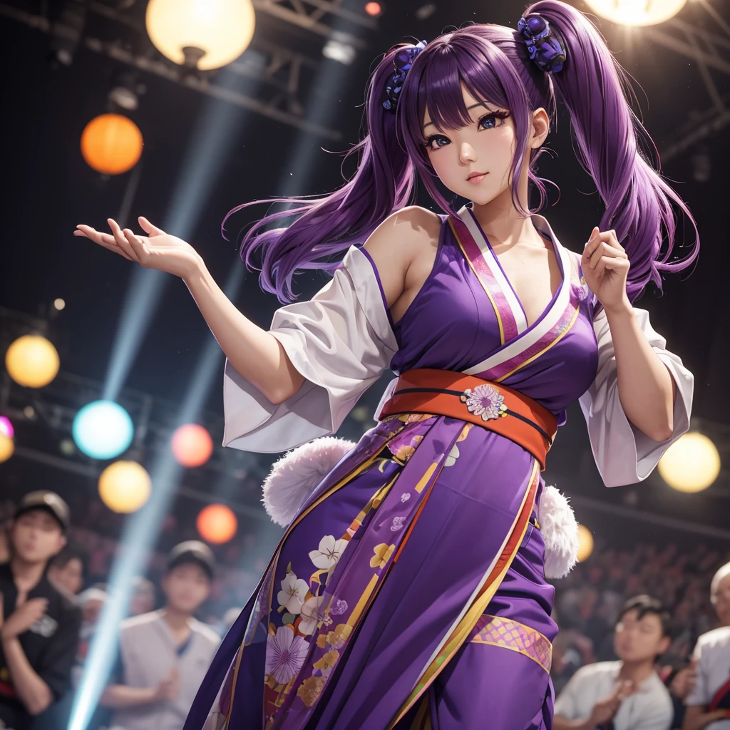 Dynamic young woman、Her vibrant purple hair is styled in twin tails.、Dynamic dancing and singing on stage、In-ear microphone、Wearing a costume that combines elements of traditional kimono and modern idol costumes,、With a fan in each hand、Contemporary influences、Detailed background elements、Lively crowd、Ambient Festival Lights、 Soft warm light、Low-angle camera captures heroic poses、2-point perspective、鮮やかな自然とSpotlightをミックスした照明、Subtle rim lighting、8k rendering、Advanced Texture Techniques、Subtle Motion Blur、Depth of Field Effect、Laser beam、Magic light effect、Spotlight、Impressive realistic anime style