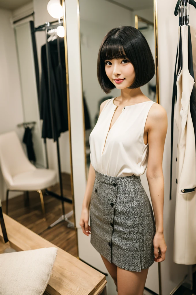 Suit, backstage at studio, talent agency manager,((full body)),((photo)),((best qualtiy, 8K, tmasterpiece:1.3)), Focus:1.2, perfect figure beautiful girl:1.4,1girl,cowboy shot,look at viewer,incredibly absurd, beautiful and cute girl with a photorealistic face, showcasing top-quality craftsmanship, Japanese woman standing in the dressing room for a commercial shoot, 20 years old, shoulder-length bob cut, thick, straight black hair with bangs, shiny black hair, large eyes, round face, long eyelashes, soft smile, thin eyebrows, small nose, glossy lips, smooth skin, fair skin, fine-grained skin, tall, slender figure, well-balanced proportions, delicate limbs, small B-cup breasts, white blouse, black tight skirt, heeled pumps, watch, earrings, pretty older woman, beautiful, neat, fashionable, cheerful, positive, curious, sociable, responsible, highly trusted by those around her, October