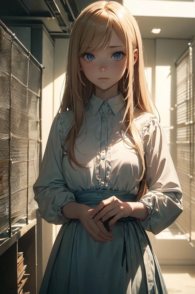 ((1 Female, 1 person, Solitary) Alice,  Humanity, Long curly blond hair, blue eyes, freckle, teenager, 18 years, Rebirth_ongoing) (Main Part, Super detailed, 8K, (HD, Sunlight:0.5, Soft_shadow:0.5, atmosphere_light, 8K, 4K, Surrealism, elegant, ((((Appearance)))), Soft Ton, 柔和的light))(((Dark, Chiaroscuro)))