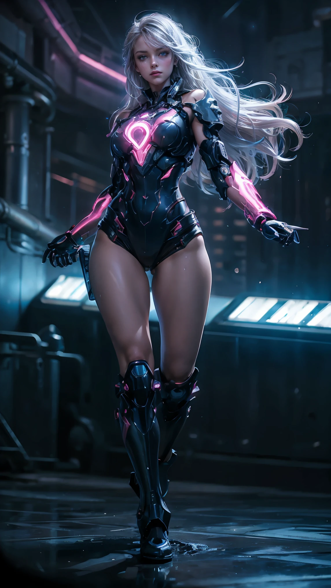 masterpiece, best quality, 1girl, ives , Mecha, beautiful lighting, (Neon light: 1.2), (night: 1.5), "masterpiece, best quality, 1girl, full body portrait, sensual pose, blue eyes, multicolored+silver hair:1.3+red:1.2+purple+yellow:1.3+green:1.3, sculpted legs and tempting curves, full breasts, pretty face, lots of water drops, cloud, Twilight, open shot, Watercolor, Neon light: 1.2, night:1.5, Mecha, beautiful lighting, bright neon light: 1.2, unforgettable mysterious night: 1.5"