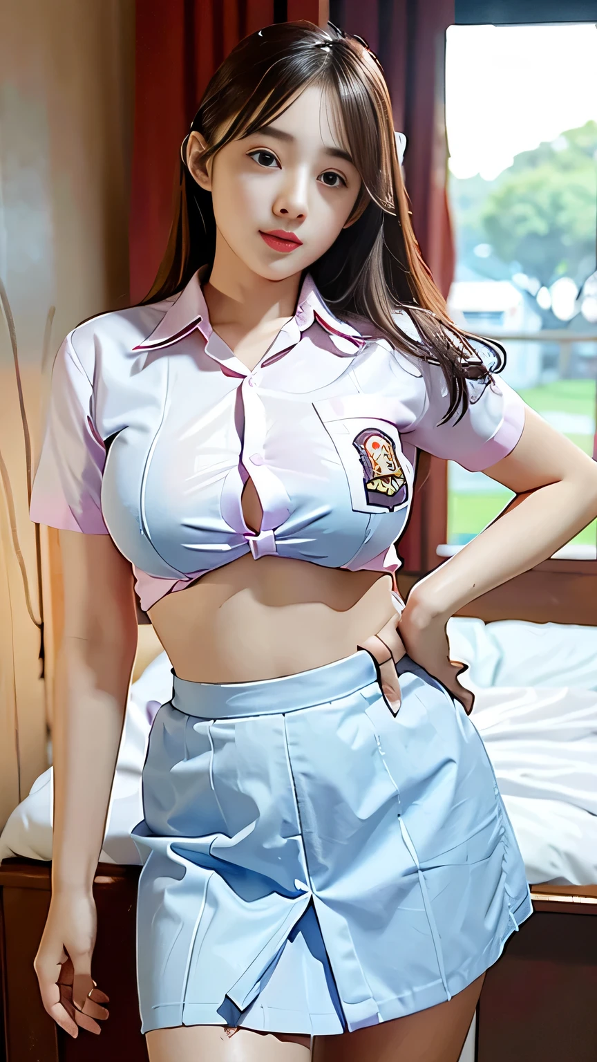 (best quality,4k,highres),ultra-detailed,realistic,cosplay,student uniform, unbutton clothes, mini skirt, skirt lift up, open legs,beautiful woman,big breasts, show nipples detailed, pubic hair,vivid colors,portrait,soft lighting