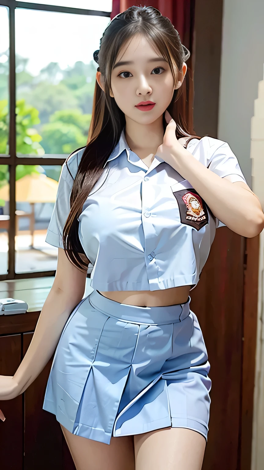 (best quality,4k,highres),ultra-detailed,realistic,cosplay,student uniform, unbutton clothes, mini skirt, skirt lift up, open legs,beautiful woman,big breasts, show nipples detailed, pubic hair,vivid colors,portrait,soft lighting