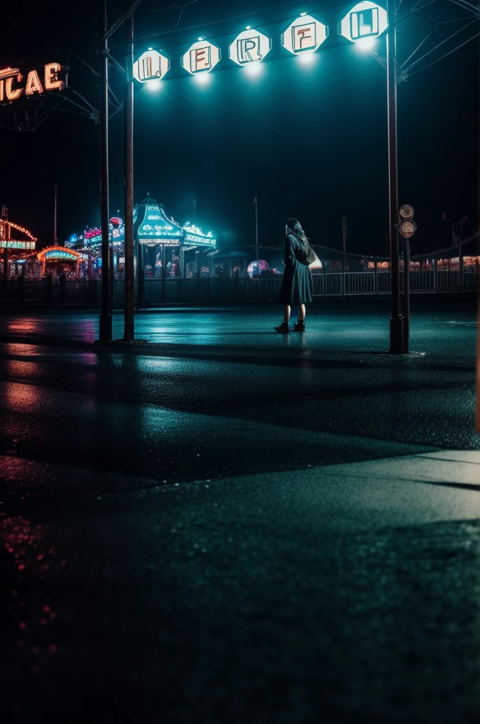 deep in the night、mid night、((Ruined amusement park、Standing Woman、Sad woman、Only one light))、Foggy、Sateen、reflection、Nostalgic but unsettling photos、Images in a dream、uneasy、horor、terrifying、desolate、Pretty dark image、Grainy photo、Film Touch、color photograph、wide angles、wide-angle lens, Wide Shot, ultra wide-angle、