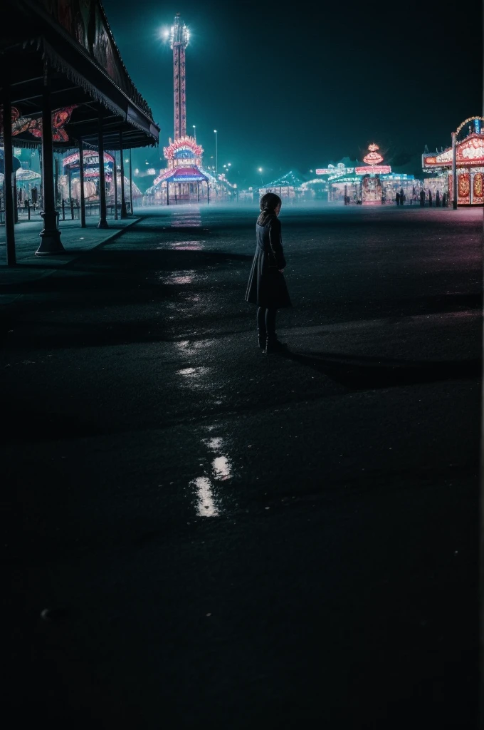 deep in the night、mid night、((Ruined amusement park、Standing Woman、Sad woman、Only one light))、Foggy、Sateen、reflection、Nostalgic but unsettling photos、Images in a dream、uneasy、horor、terrifying、desolate、Pretty dark image、Grainy photo、Film Touch、color photograph、wide angles、wide-angle lens, Wide Shot, ultra wide-angle、