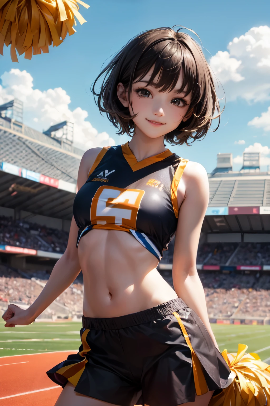 very cute and beautiful cheerleader girl,(highly detailed beautiful face),(holding pom poms:1.1),(smile:1.3),happy, (stadium stands),cowboy shot,dynamic pose,(sleeveless orange cheerleader shirt),beautiful legs, looking at viewer,black hair,hair band, (best quality,masterpiece),absurdres,highres,ultra-detailed,extremely detailed,32k,8k resolution, intricate details,cinematic scene,detailed background,solo,dynamic angle, hair fluttering in the wind,beautiful detailed sky,