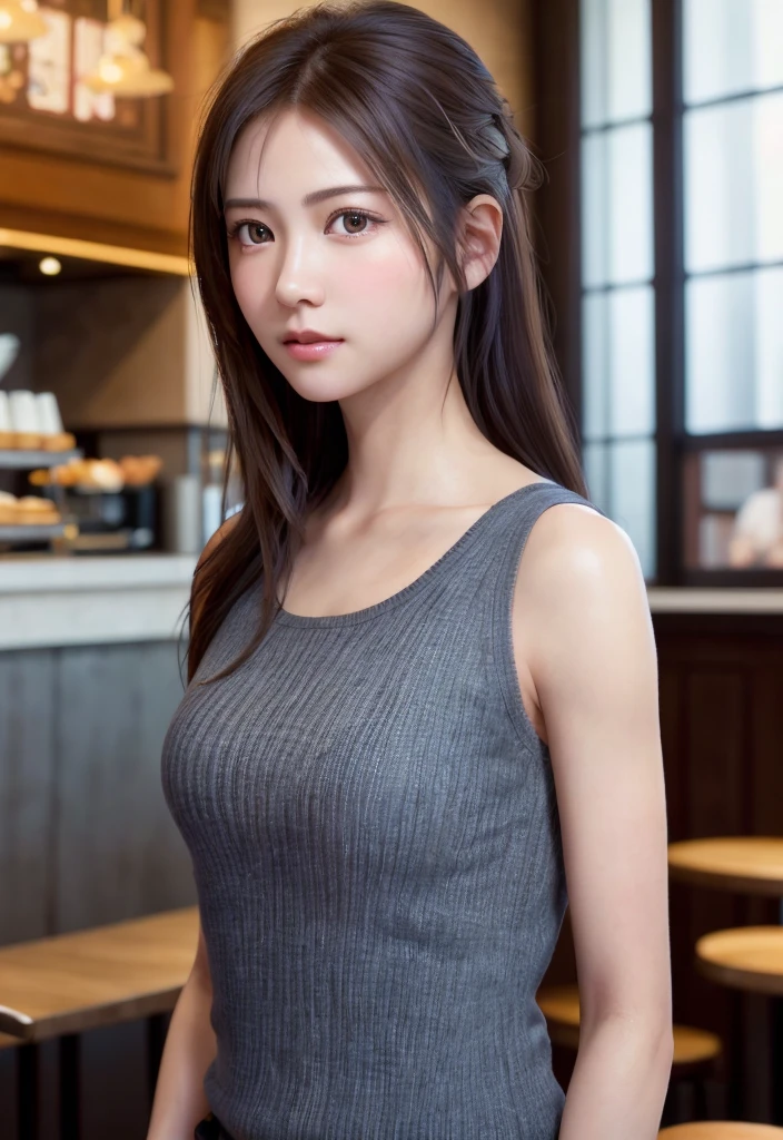 8K, of the highest quality, masutepiece:1.2), (Realistic, Photorealsitic:1.37), of the highest quality, masutepiece, Beautiful young woman, Pensive expression, Thoughtful look, Cafe clerk、Hair tied back, Cinematic background, Light skin tone